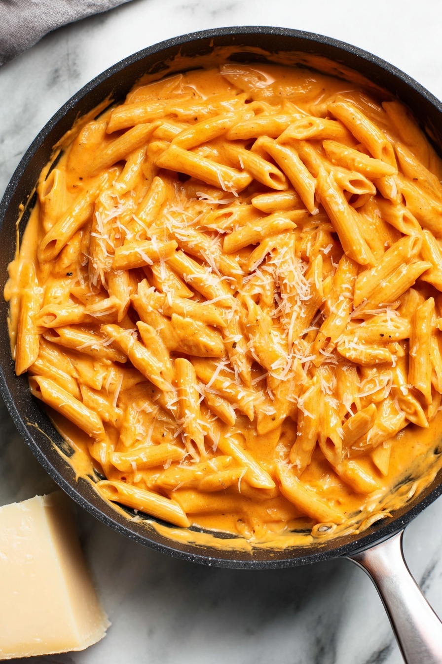 Creamy Tomato Pasta Recipe 6 A close-up shot of a black skillet filled with creamy orange pasta sauce and penne pasta evenly mixed in. The pasta is coated in a smooth, thick sauce with a soft, glossy texture and a few small air bubbles visible. There are small shreds of grated cheese sprinkled on top of the pasta, adding a light contrast to the orange sauce. The skillet handle is light grey and rests on a white marbled surface. A block of hard cheese is partially visible near the bottom left corner of the image. Photo taken with an iphone --ar 2:3 --v 7 - Creamy Tomato Pasta, easy tomato pasta, quick pasta dinner, creamy pasta recipes, comforting pasta dishes