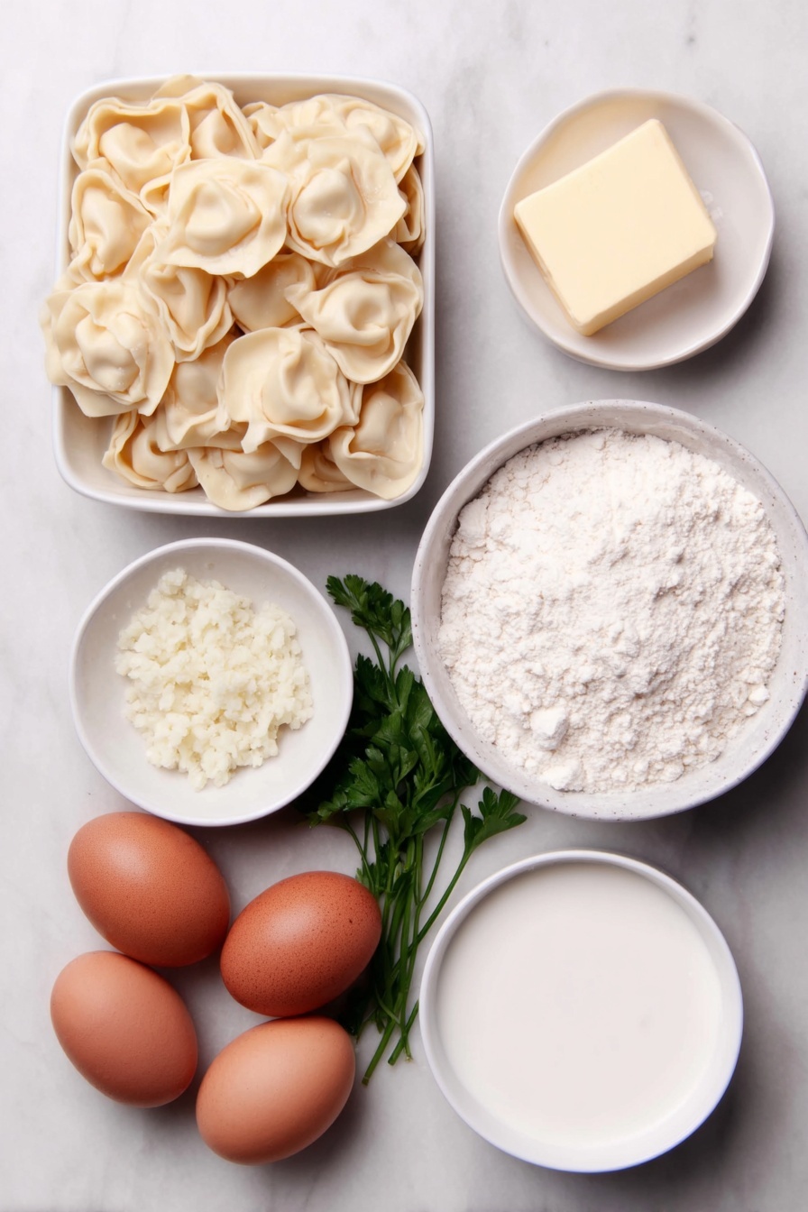 Garlic Parmesan Tortellini Recipe 7 Flat lay of fresh cheese-filled tortellini pasta, a small yellow pat of butter on a white ceramic dish, a small white bowl of minced garlic, a small white bowl of all-purpose flour, a small white bowl of milk, a small white bowl of heavy cream, a small white bowl of freshly grated Parmesan cheese, whole brown eggs with clean shells, and a few sprigs of fresh green parsley placed on a clean white marble surface, soft natural light, photo taken with an iPhone, professional food photography style, fresh ingredients, white ceramic bowls, no bottles, no duplicates, no utensils, no packaging --ar 2:3 --v 7 --p m7354615311229779997 - Garlic Parmesan Tortellini, easy garlic tortellini, creamy pasta recipes, quick dinner ideas, comforting pasta dish