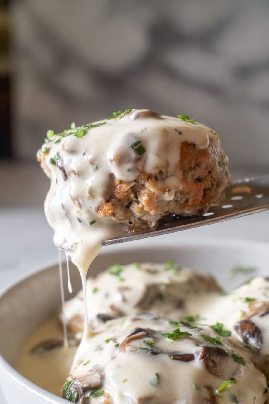 Poor Man's Hamburger Steaks with Creamy Mushroom Gravy Recipe 6 The image shows a close-up of a creamy dish being lifted by a metal spatula. The dish has two main layers: the bottom layer is a textured, light brown patty visible under the creamy white sauce, and the top layer is a thick, smooth white sauce with mushroom pieces and small green herb bits scattered on top. The sauce drips slightly from the patty, and more patties covered in the same sauce sit in a clear white bowl below the spatula. The background is softly blurred with a white marbled texture. Photo taken with an iphone --ar 2:3 --v 7 - Poor Man's Hamburger Steaks with Creamy Mushroom Gravy, budget-friendly comfort food recipes, hearty mushroom gravy recipes, easy hamburger steak dinners, simple comfort food ideas