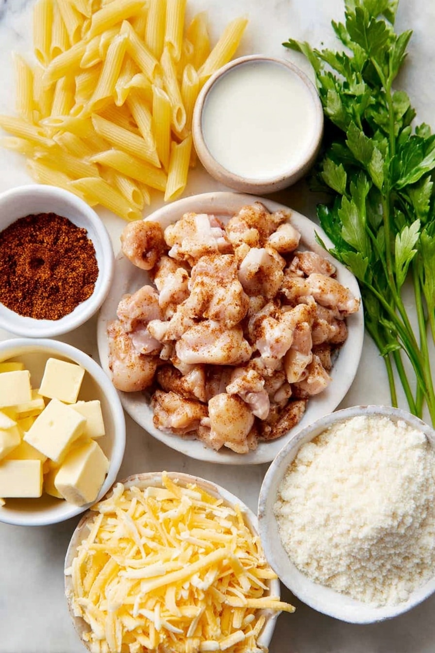 Cajun Chicken Pasta Bake Recipe 7 Flat lay of penne pasta scattered in a small pile beside a few boneless skinless chicken thighs cut into bite-sized pieces, a small white bowl of extra virgin olive oil, a small white bowl filled with reddish-brown Cajun seasoning powder, a half cup mound of shredded sharp cheddar cheese, a few fresh parsley sprigs, a small white bowl with pale yellow butter cubes, a small white bowl of white flour, a small white bowl heaped with grated parmesan cheese, another small white bowl of shredded cheddar cheese, and a small white bowl filled with fresh whole milk, all arranged symmetrically around the center, placed on a clean white marble surface, soft natural light, photo taken with an iPhone, professional food photography style, fresh ingredients, white ceramic bowls, no bottles, no duplicates, no utensils, no packaging --ar 2:3 --v 7 --p m7354615311229779997 - Cajun Chicken Pasta Bake, Cajun Chicken Pasta, Creamy Cajun Pasta Recipe, Baked Cajun Chicken Pasta, Easy Cajun Pasta Dish