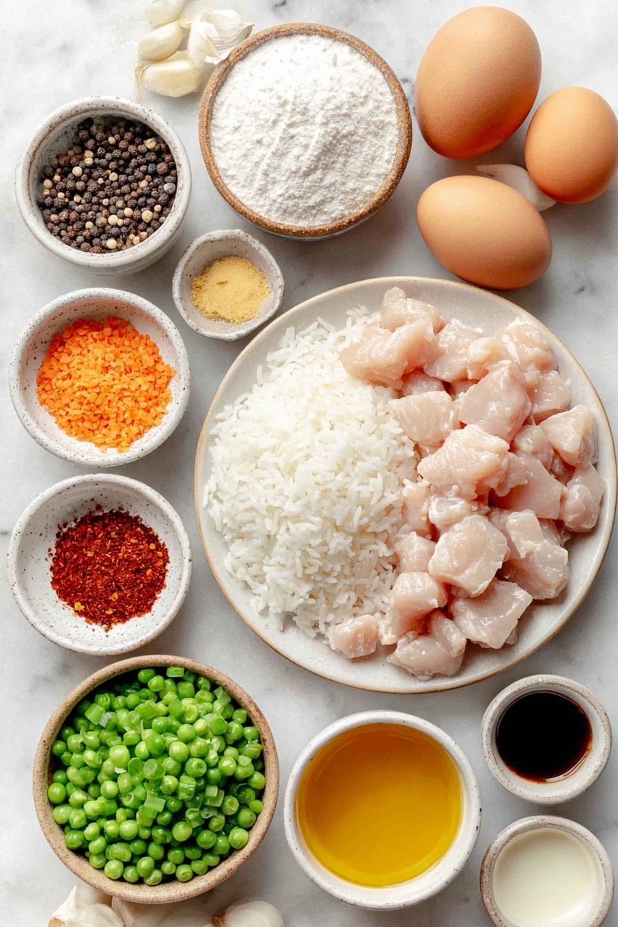 Bang Bang Chicken Fried Rice Recipe 7 Flat lay of diced raw chicken breasts, a small mound of white flour, a small mound of cornstarch, two whole uncracked brown eggs, a small white bowl of cooking oil, cooked white rice clumped naturally on a simple white plate, a small pile of chopped shallots, two cloves of whole garlic, a small pile of fresh minced ginger root, a small white bowl of red pepper flakes, a small white bowl of frozen peas and carrots, a small white bowl of dark soy sauce, a small white bowl of sesame oil, a small white bowl of creamy mayonnaise, a small white bowl of bright red garlic chili paste, a small white bowl of golden spicy honey, a small white bowl of vibrant red sriracha sauce, a small white bowl of salt, a small white bowl of black peppercorns, chopped green onions arranged neatly on a white ceramic dish placed on a clean white marble surface, soft natural light, photo taken with an iPhone, professional food photography style, fresh ingredients, white ceramic bowls, no bottles, no duplicates, no utensils, no packaging --ar 2:3 --v 7 --p m7354615311229779997 - Bang Bang Chicken Fried Rice, spicy chicken fried rice, easy fried rice recipe, flavorful chicken dinner, quick Asian fried rice