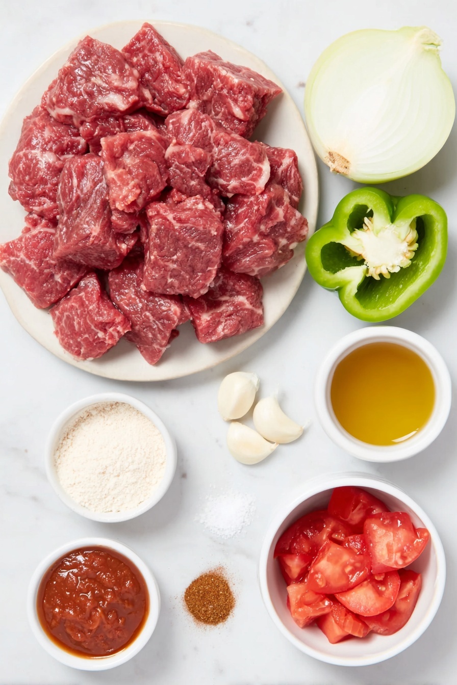 Easy Carne Guisada Recipe 7 Flat lay of two pounds of cubed chuck steak with rich red marbling, a large white onion halved to show its fresh layers, one vibrant green bell pepper sliced to reveal its seeds, three peeled garlic cloves, a small white ceramic bowl filled with deep red tomato paste, two ripe red tomatoes diced to show juicy flesh, a small white bowl of light beige all-purpose flour powder, a small white bowl with golden cooking oil, a small white bowl of dark brown beef broth, and small piles of coarse salt, black peppercorns, ground cumin, and chili powder arranged neatly on a simple white ceramic plate, all placed on a clean white marble surface, soft natural light, photo taken with an iPhone, professional food photography style, fresh ingredients, white ceramic bowls, no bottles, no duplicates, no utensils, no packaging --ar 2:3 --v 7 --p m7354615311229779997 - Carne Guisada, easy carne guisada, Tex-Mex beef stew, hearty beef stew, simple carne guisada recipe