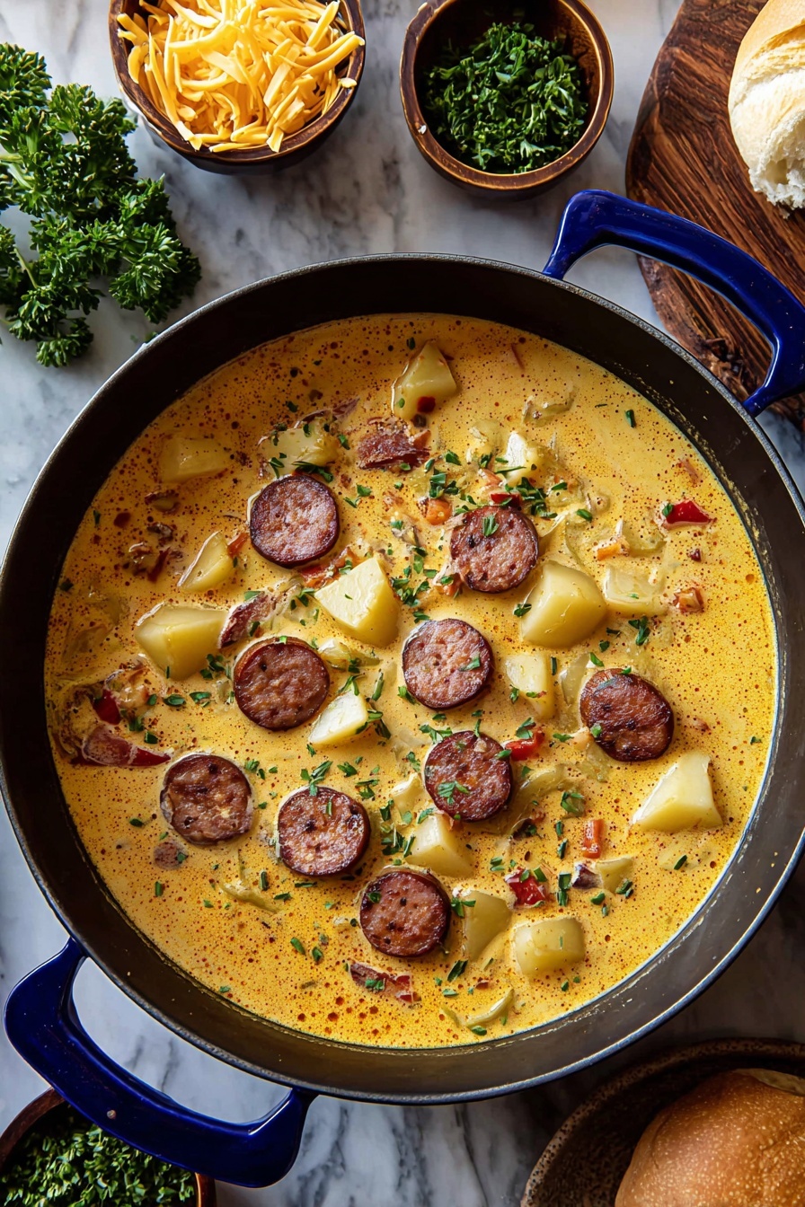 Cajun Potato Soup with Sausage Recipe 8 A deep pan filled with a creamy soup that has three main layers: large pale yellow potato chunks at the bottom, round slices of browned sausage evenly spread on top, and small bits of onion and red pepper scattered throughout, all floating in a golden-yellow broth with a smooth, slightly frothy texture; the soup is sprinkled lightly with green herbs. The pan is dark inside with a bright blue handle, set on a white marbled surface, and surrounded by small bowls of shredded yellow cheese and chopped green herbs, as well as fresh parsley and a round bread roll on a wooden board. photo taken with an iphone --ar 2:3 --v 7 - Cajun Potato Soup with Sausage, Cajun Potato Soup, spicy potato soup recipes, hearty sausage potato soup, Cajun comfort food