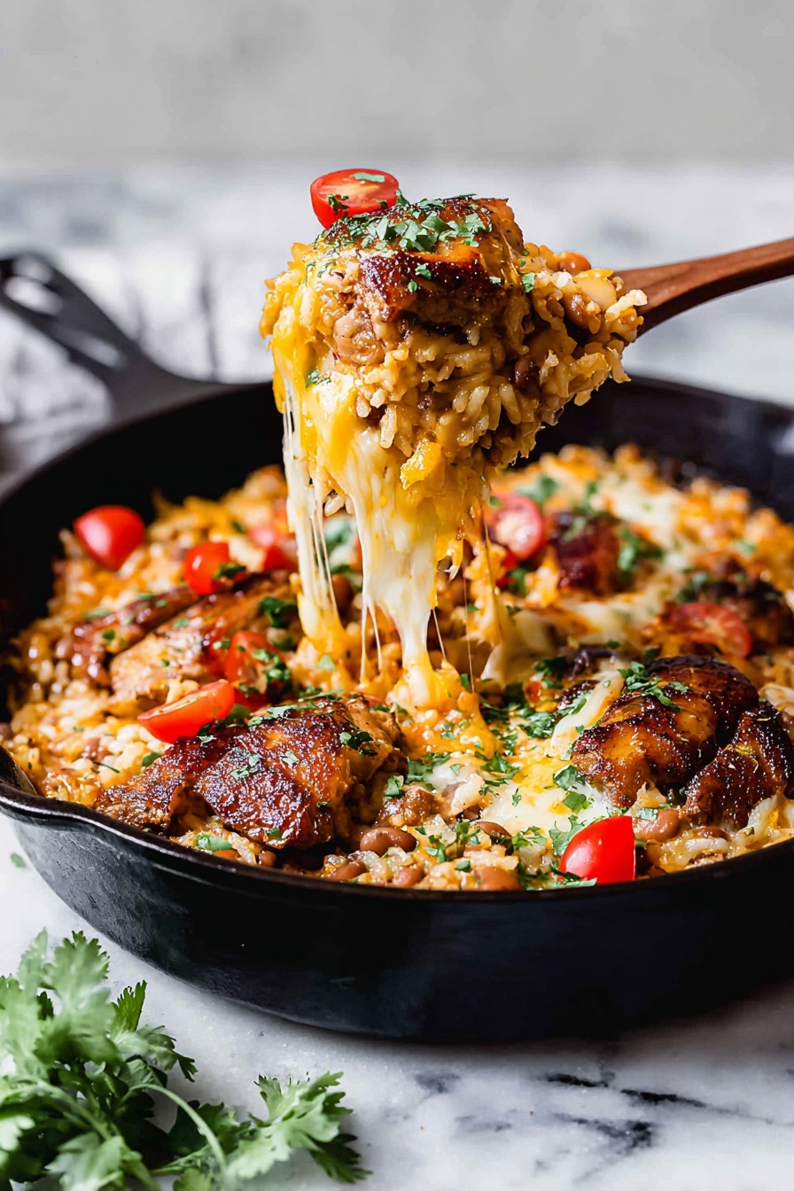 One-Pot BBQ Chicken and Rice Recipe 6 The image shows a black cast iron pan on a white marbled surface filled with a layered baked dish. At the base, there is a mix of cooked rice and beans with a slightly creamy texture, topped with melted yellow and white cheese that is stretchy as it is being lifted. On top, there are browned pieces of chicken with crispy skin sprinkled with chopped green herbs. Scattered around the dish are small red tomato pieces and fresh green herb leaves, giving it a colorful look. A wooden spoon holds one serving of the dish in the air, with cheese stretching from the pan. A small bunch of green herbs rests nearby on the white marbled surface. photo taken with an iphone --ar 2:3 --v 7 - One-Pot BBQ Chicken and Rice, BBQ chicken with rice, easy one-pot dinner, flavorful chicken and rice dish, quick weeknight meal