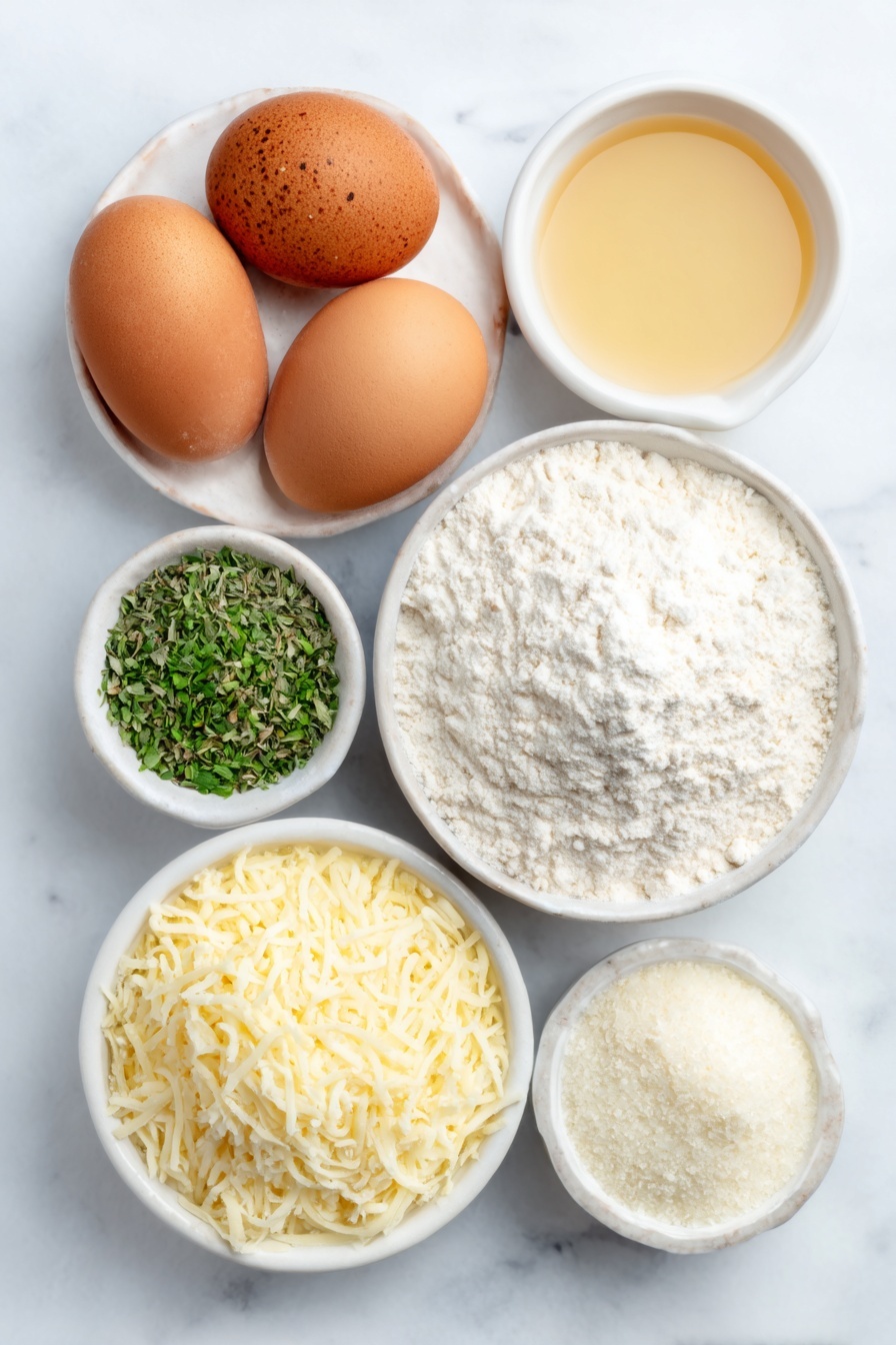 Garlic Herb Cheddar Cheese Bread Recipe 7 Flat lay of a small white ceramic bowl of warm whole milk, a small white ceramic bowl of golden honey, two whole uncracked brown eggs and one whole uncracked white egg, a neat pile of all-purpose flour dusted lightly on the surface, a small mound of kosher salt, a pile of bright orange shredded cheddar cheese, a pile of white shredded mozzarella cheese, a small heap of finely grated pale yellow parmesan cheese, a small white ceramic bowl filled with freshly chopped green Italian herbs including sage, oregano, basil, and thyme, two fresh whole garlic cloves alongside a small white ceramic bowl containing freshly grated garlic, all arranged in perfect symmetry on a clean white marble surface, soft natural light, photo taken with an iPhone, professional food photography style, fresh ingredients, white ceramic bowls, no bottles, no duplicates, no utensils, no packaging --ar 2:3 --v 7 --p m7354615311229779997 - Garlic Herb Cheddar Cheese Bread, cheesy bread recipe, homemade garlic bread, herb cheese bread, quick bread with cheese and herbs