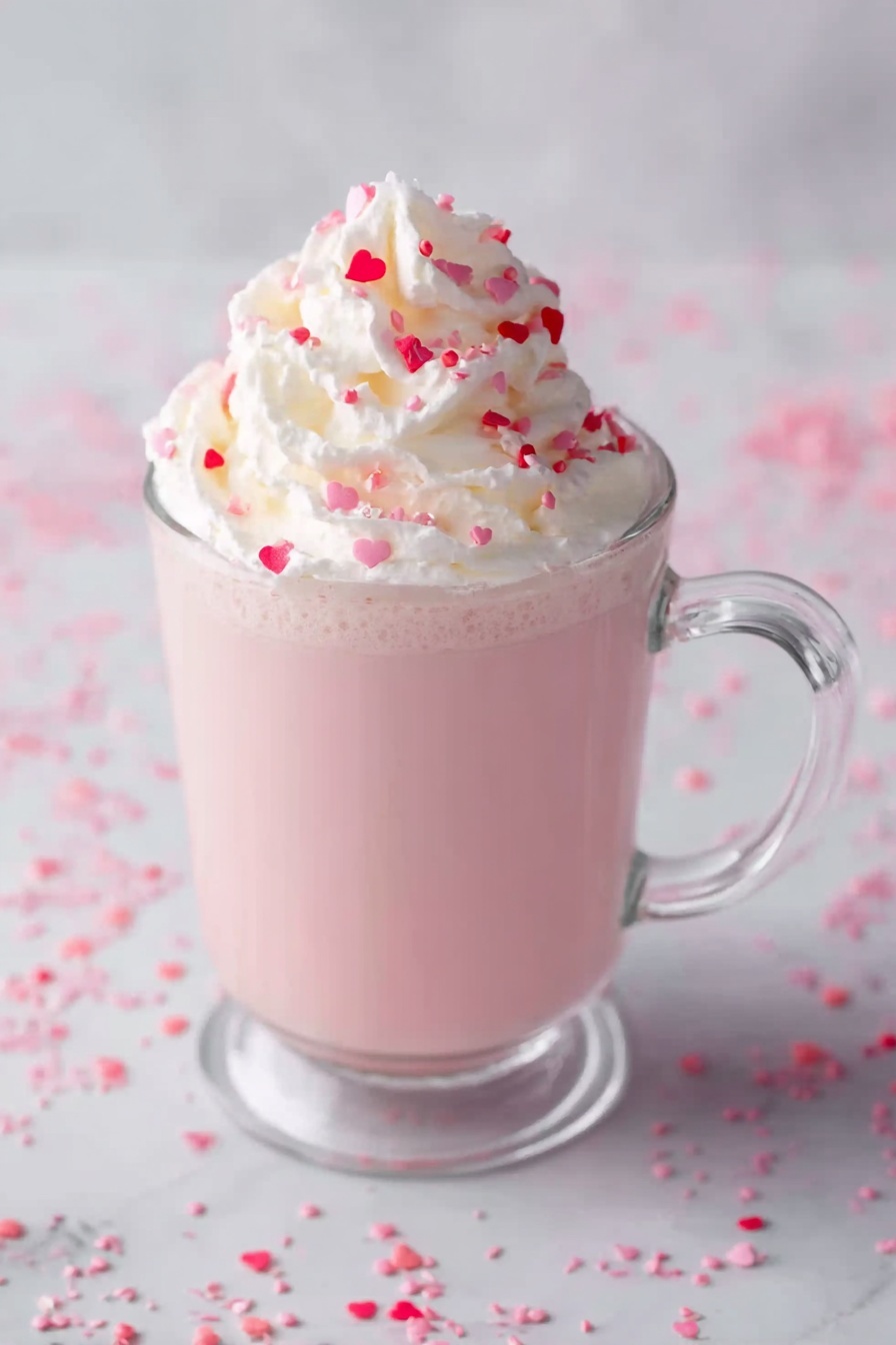 Pink Hot Chocolate Recipe 6 A clear glass mug filled with a smooth, light pink drink forms the first layer. On top, a thick layer of white whipped cream swirls upward, sprinkled with small pink and red heart-shaped sprinkles. The mug sits on a white marbled surface, scattered with tiny pink sprinkles all around. The image has soft lighting that highlights the creamy texture and pastel colors. Photo taken with an iphone --ar 2:3 --v 7 - Pink Hot Chocolate, Pink Hot Chocolate Ingredients, Easy Pink Hot Chocolate, Creamy Pink Hot Chocolate, Festive Hot Chocolate Drink
