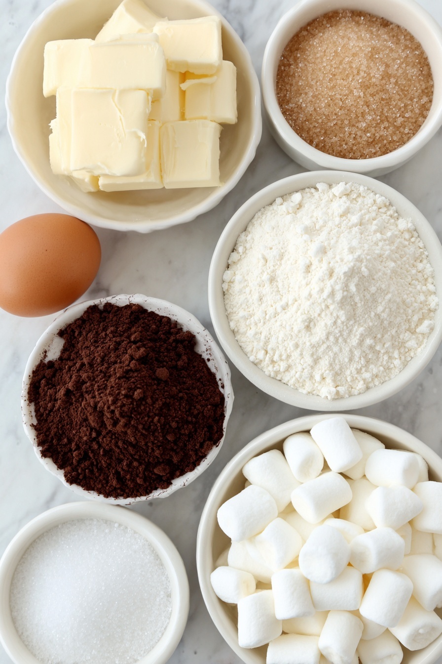 Hot Chocolate Marshmallow Cookies Recipe 7 Flat lay of one small pile of unsalted butter cubes with a smooth, creamy texture, a small white ceramic bowl filled with light brown sugar crystals, another small white bowl with fine white granulated sugar, a single whole brown egg with a clean shell, a small white bowl holding translucent vanilla extract, a neatly stacked mound of pale all-purpose flour, a small white bowl filled with rich dark brown hot chocolate mix powder, a small white bowl containing deep brown unsweetened cocoa powder, a pinch of coarse kosher salt arranged in a tiny white bowl, a few scoops of fine baking soda powder in another small white bowl, and a small white bowl filled with fluffy white mini marshmallows—all placed on a clean white marble surface, soft natural light, photo taken with an iPhone, professional food photography style, fresh ingredients, white ceramic bowls, no bottles, no duplicates, no utensils, no packaging --ar 2:3 --v 7 --p m7354615311229779997 - Hot Chocolate Marshmallow Cookies, hot chocolate cookies, marshmallow cookies, chocolate cookies with marshmallows, cozy dessert recipes