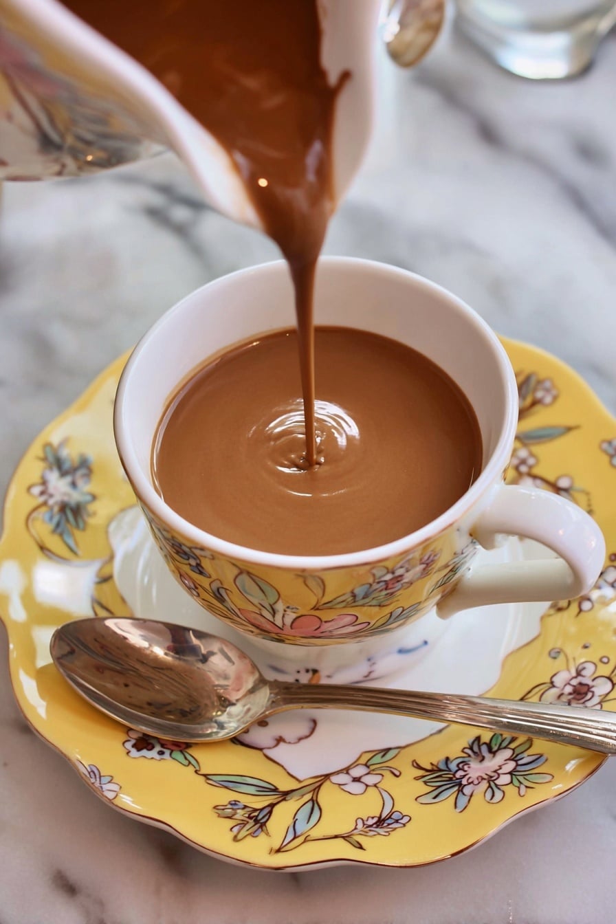 French Hot Chocolate Recipe 6 A cup with a colorful design on the outside is filled with smooth brown liquid as it is being poured from above, creating a small ripple in the center. The cup sits on a white plate with matching yellow and floral patterns, and a silver spoon rests beside it on the plate. The whole setup is placed on a white marbled surface. Photo taken with an iphone --ar 2:3 --v 7 - French Hot Chocolate, decadent hot chocolate, easy French hot chocolate, silky hot chocolate recipe, cozy hot chocolate beverage