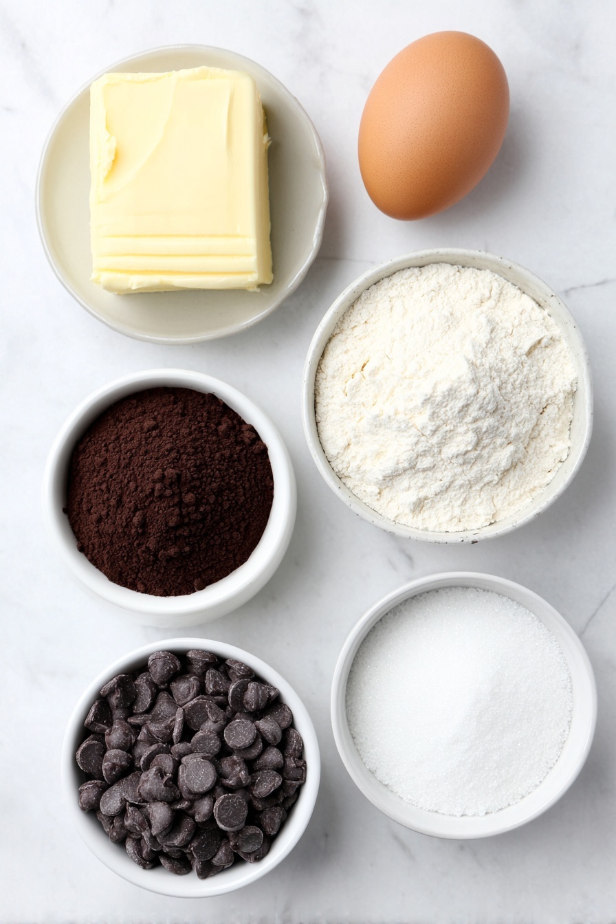Chewy Chocolate Chip Cookies Recipe 7 Flat lay of a small pat of fresh golden butter, a small white ceramic bowl filled with packed moist brown sugar, a small white ceramic bowl with fine white granulated sugar, a small white ceramic bowl holding rich dark cocoa powder, a small white ceramic bowl containing smooth pale vanilla extract, one whole large brown egg with a clean shell, a small white ceramic bowl heaping with sifted all-purpose flour, a small white ceramic bowl with fine kosher salt, a small white ceramic bowl with pale baking soda powder, and a small white ceramic bowl filled with shiny semisweet chocolate chips, all arranged symmetrically with balanced spacing, placed on a clean white marble surface, soft natural light, photo taken with an iPhone, professional food photography style, fresh ingredients, white ceramic bowls, no bottles, no duplicates, no utensils, no packaging --ar 2:3 --v 7 --p m7354615311229779997 - Chewy Chocolate Chip Cookies, best chewy chocolate chip cookies, easy chocolate chip cookies, soft chocolate chip cookies, homemade chocolate chip cookies