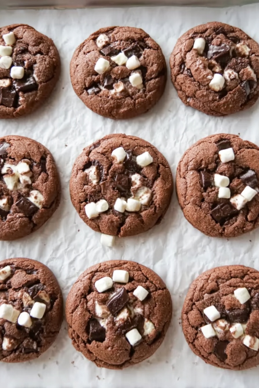 Hot Chocolate Cookie Snacks Recipe 8 Nine round chocolate cookies are arranged in three rows on white baking paper, which lines a baking tray. Each cookie is thick and has a soft, textured surface with visible chunks of dark chocolate and small white marshmallows scattered on top. The cookies are evenly spaced, showing a warm, freshly baked appearance with slightly puffed centers. The background is a white marbled texture. photo taken with an iphone --ar 2:3 --v 7 - Hot Chocolate Cookie Snacks, chocolate cookie recipes, marshmallow cookies, cozy dessert ideas, easy holiday treats
