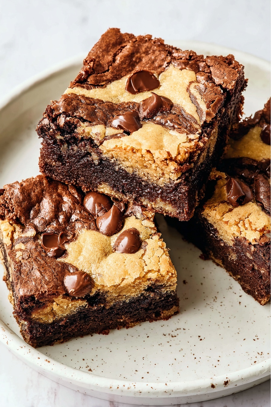 Chocolate Chip Cookie Brownie Bars Recipe 6 Three square brownie cookie bars sit on a white plate with a slight speckle detail, placed on a white marbled surface. Each square shows a mix of two layers: dark brown rich brownie and light golden cookie dough swirled together in a marbled pattern on top. Melted chocolate chunks dot the surface sparingly, adding shiny spots of deep brown. The texture looks soft with slightly crisp edges and a cracked top layer showing both colors intertwined photo taken with an iphone --ar 2:3 --v 7 - Chocolate Chip Cookie Brownie Bars, easy cookie brownie bars, chewy cookie brownie dessert, chocolate chip brownie bars recipe, quick cookie brownie bars