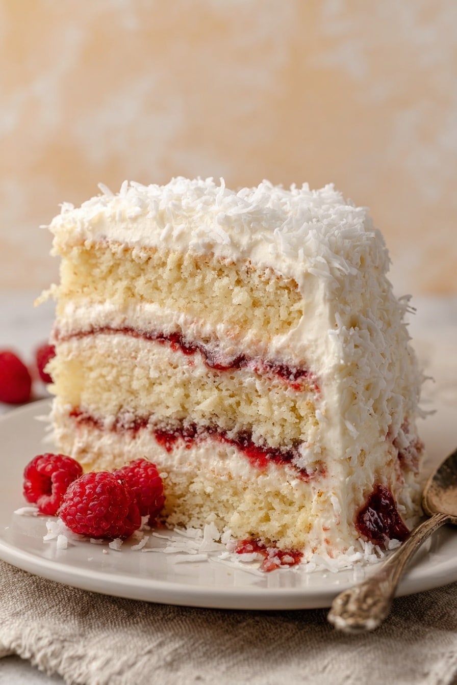 Raspberry Coconut Snowball Cake Recipe 6 A slice of layered cake on a white plate, showing four layers of light yellow sponge cake separated by creamy white frosting and red jam layers. The top layer is fully covered with white frosting and shredded coconut. Around the base of the cake slice, there are small fresh red raspberries. The cake sits on a textured beige cloth, with a small part of a silver spoon visible on the right side. The background has a soft beige color with a white marbled texture surface. photo taken with an iphone --ar 2:3 --v 7 - Raspberry Coconut Snowball Cake, tropical berry cake, coconut layered cake, easy berry cake recipe, fluffy coconut frosting