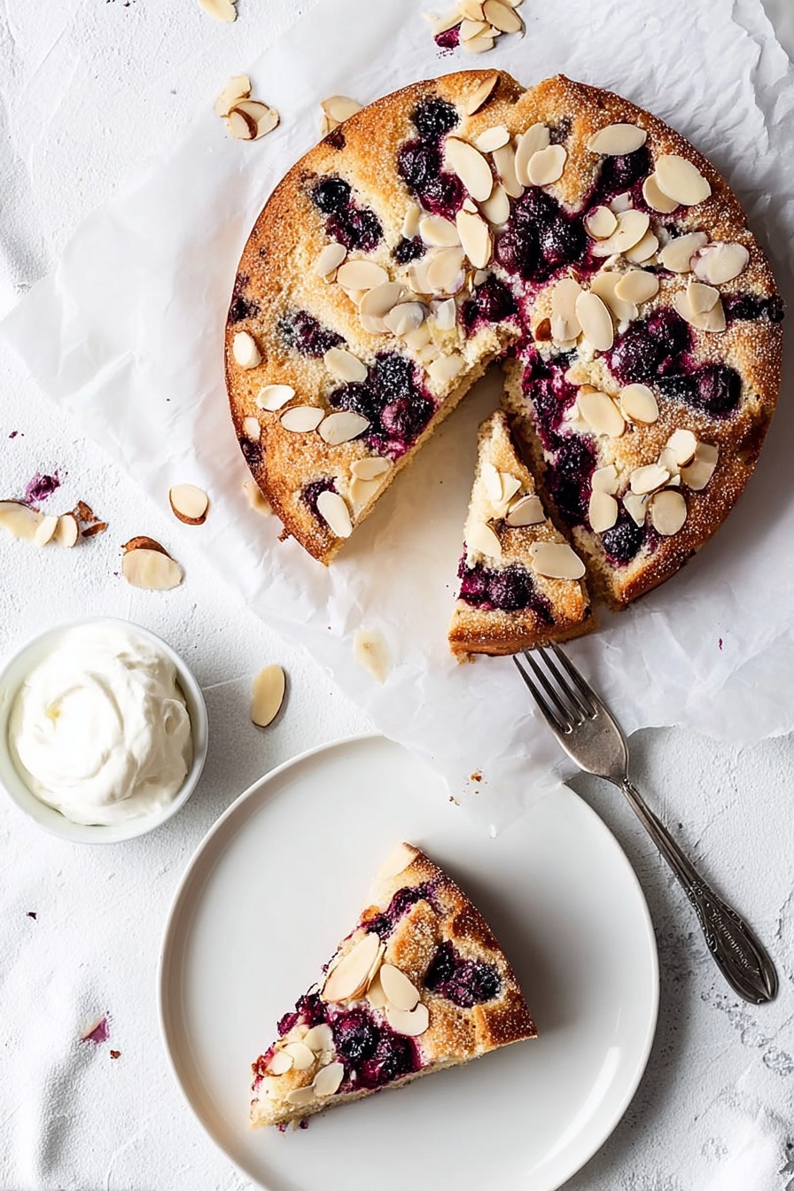 Raspberry Ricotta Cake with Almonds Recipe 6 A round cake with a golden brown crust topped with scattered dark purple berries and sliced almonds is shown, with one slice removed and placed on a white plate. The cake appears soft and slightly dense with a creamy interior visible inside the slice. Next to the slice on the plate, there is a dollop of white cream and a silver fork pointing toward the cake. The cake sits on white parchment paper over a white marbled surface with some scattered almond slices nearby. The photo taken with an iphone --ar 2:3 --v 7 - Raspberry Ricotta Cake with Almonds, Raspberry Ricotta Cake, Easy Raspberry Ricotta Dessert, Fresh Fruit Ricotta Cake, Almond Topped Ricotta Cake