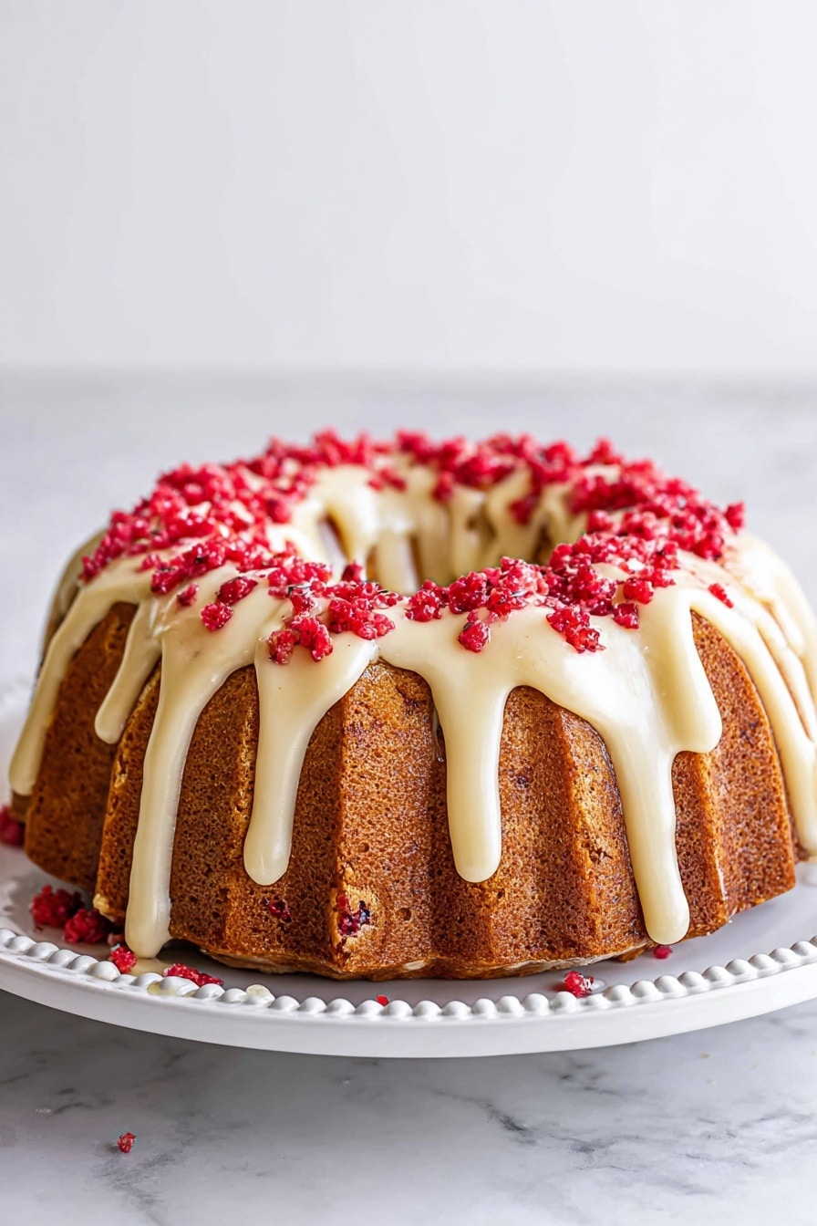 Raspberry White Chocolate Bundt Cake Recipe 8 A bundt cake with a golden brown color sits on a white plate with a bead edge design. The cake has one main layer shaped with ridges from the bundt pan. Creamy white icing is poured over the top, dripping down the sides unevenly in thick streams. On top of the icing, bright red small fruit pieces are scattered in a thick ring around the top hole of the cake and some fall onto the plate. The background and surface are a white marbled texture. Photo taken with an iphone --ar 2:3 --v 7 - Raspberry White Chocolate Bundt Cake, raspberry cake, white chocolate dessert, berry cake recipes, easy bundt cake