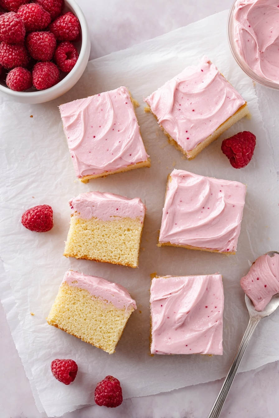 Almond Raspberry Cake with Raspberry Buttercream Recipe 6 The image shows nine square pieces of cake with one side cut showing a soft, light yellow cake bottom layer and a top smooth pink frosting layer with a few small darker pink specks. Two pieces are placed on their side to show the inside. The cakes rest on a sheet of white parchment paper over a white marbled surface with five fresh raspberries scattered around. In the top left corner, a white bowl holds more fresh raspberries. On the right side, a silver spoon with pink frosting is also placed on the surface. The frosting has gentle swirls and a creamy texture, evenly covering each square piece. photo taken with an iphone --ar 2:3 --v 7 - Almond Raspberry Cake with Raspberry Buttercream, raspberry almond cake, raspberry buttercream dessert, fresh raspberry cake recipe, moist almond cake