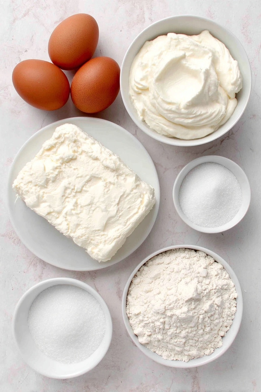 Red Velvet Cheesecake Recipe 7 Flat lay of a block of soft cream cheese, a small white bowl of granulated sugar, four whole uncracked brown eggs, a small white bowl of sour cream, a small white bowl of all-purpose flour, a small white bowl of clear vanilla extract, a small white bowl of fine salt, a small white bowl of heavy cream, a small white bowl of powdered sugar, all arranged symmetrically on a clean white marble surface, soft natural light, photo taken with an iPhone, professional food photography style, fresh ingredients, white ceramic bowls, no bottles, no duplicates, no utensils, no packaging --ar 2:3 --v 7 --p m7354615311229779997 - Red Velvet Cheesecake, red velvet dessert, creamy cheesecake, layered cake recipe, easy red velvet cake