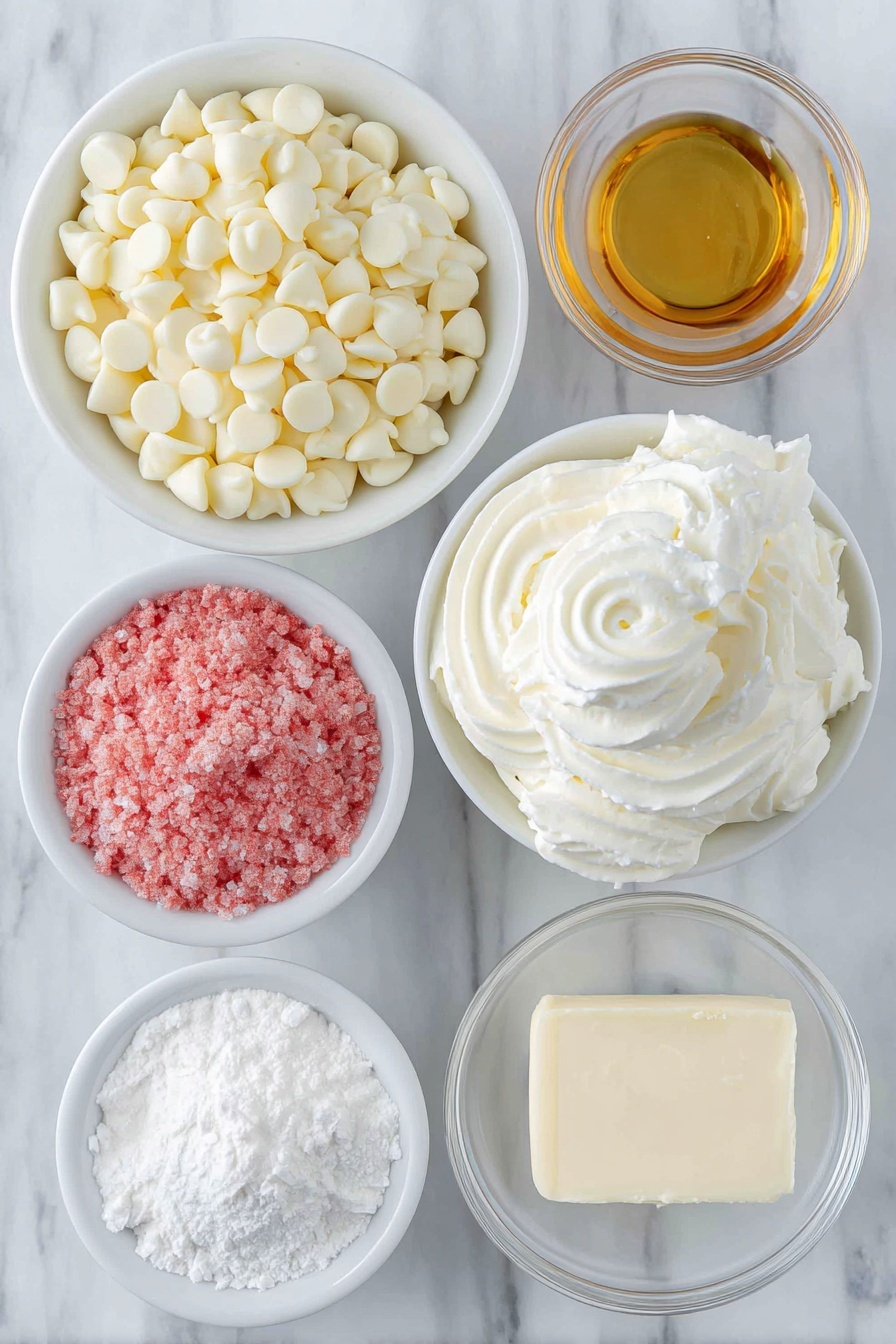 Strawberry Mousse Cake Filling Recipe 7 Flat lay of a small pile of glossy white chocolate chips, a few fresh heavy cream swirls in two small white ceramic bowls, a small white ceramic bowl filled with bright pink freeze-dried strawberry powder, a tiny white ceramic bowl with fine white powdered sugar, a small white ceramic bowl containing golden vanilla extract, and a pinch of fine salt scattered on the surface, all arranged symmetrically, placed on a clean white marble surface, soft natural light, photo taken with an iPhone, professional food photography style, fresh ingredients, white ceramic bowls, no bottles, no duplicates, no utensils, no packaging --ar 2:3 --v 7 --p m7354615311229779997 - Strawberry Mousse Cake Filling, strawberry mousse recipe, white chocolate strawberry filling, berry cake filling, fluffy berry mousse
