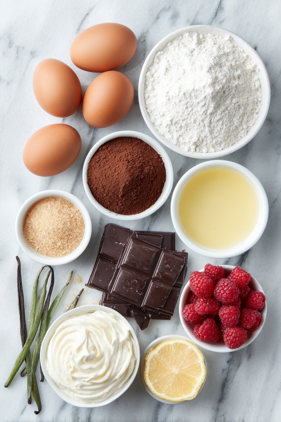 Chocolate Raspberry Mousse Cake Recipe 7 Flat lay of three large brown eggs with clean shells, a few sprigs of fresh green vanilla pods, a small mound of light brown sugar granules, a small mound of granulated white sugar, a heap of plain white flour, a heap of dark brown cocoa powder, a pinch of baking powder in a small white ceramic bowl, a small white ceramic bowl with espresso powder, a pinch of fine salt, a square of glossy dark chocolate broken into pieces, a small white ceramic bowl with bright fresh lemon juice, a cluster of fresh bright red raspberries, a small white ceramic bowl filled with fine granulated sugar, a small white ceramic bowl filled with thick double cream, a small white ceramic bowl with powdered gelatin, and dark chocolate shavings arranged neatly on a simple white ceramic plate, all arranged symmetrically and balanced, placed on a clean white marble surface, soft natural light, photo taken with an iPhone, professional food photography style, fresh ingredients, white ceramic bowls, no bottles, no duplicates, no utensils, no packaging --ar 2:3 --v 7 --p m7354615311229779997 - Chocolate Raspberry Mousse Cake, chocolate raspberry dessert, elegant mousse cake, raspberry chocolate dessert, no-bake mousse cake