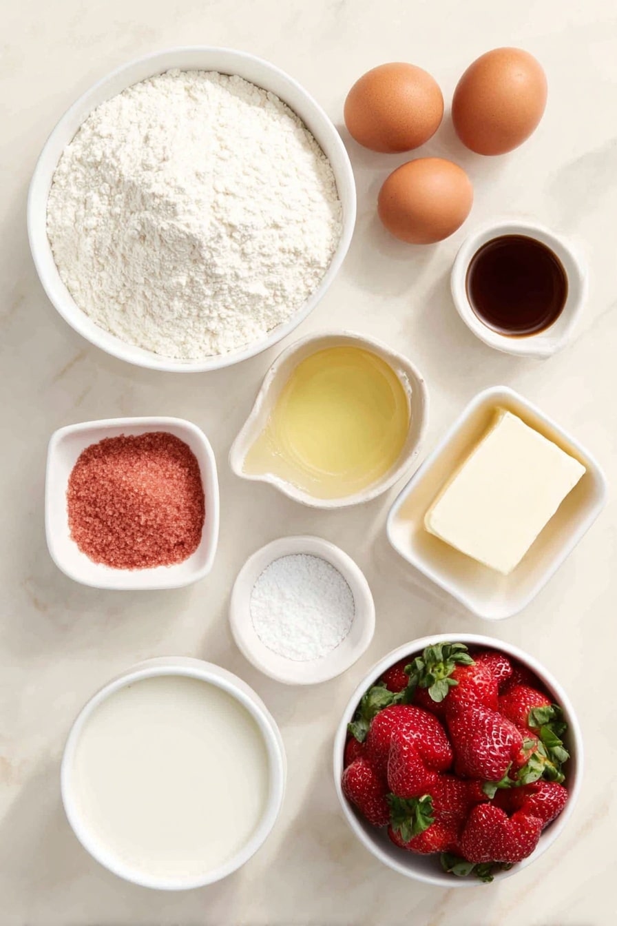 Strawberry Pound Cake with Sweet Glaze Recipe 7 Flat lay of a small white ceramic bowl of white cake mix, a small white ceramic bowl of all-purpose flour, three whole brown eggs with clean shells, a small white ceramic bowl of clear water, a small white ceramic bowl of golden vegetable oil, a small white ceramic bowl containing bright pink strawberry flavored gelatin powder, a small white ceramic bowl filled with chopped fresh red strawberries with green leaves, a small white ceramic bowl of melted golden unsalted butter, a small white ceramic bowl of white powdered sugar, a small white ceramic bowl of creamy milk, a small white ceramic bowl of translucent vanilla extract, and a tiny pinch of coarse kosher salt scattered neatly next to it, all placed on a clean white marble surface, soft natural light, photo taken with an iPhone, professional food photography style, fresh ingredients, white ceramic bowls, no bottles, no duplicates, no utensils, no packaging --ar 2:3 --v 7 --p m7354615311229779997 - Strawberry Pound Cake with Sweet Glaze, strawberry pound cake recipe, easy strawberry pound cake, moist strawberry cake with glaze, summer fruit dessert