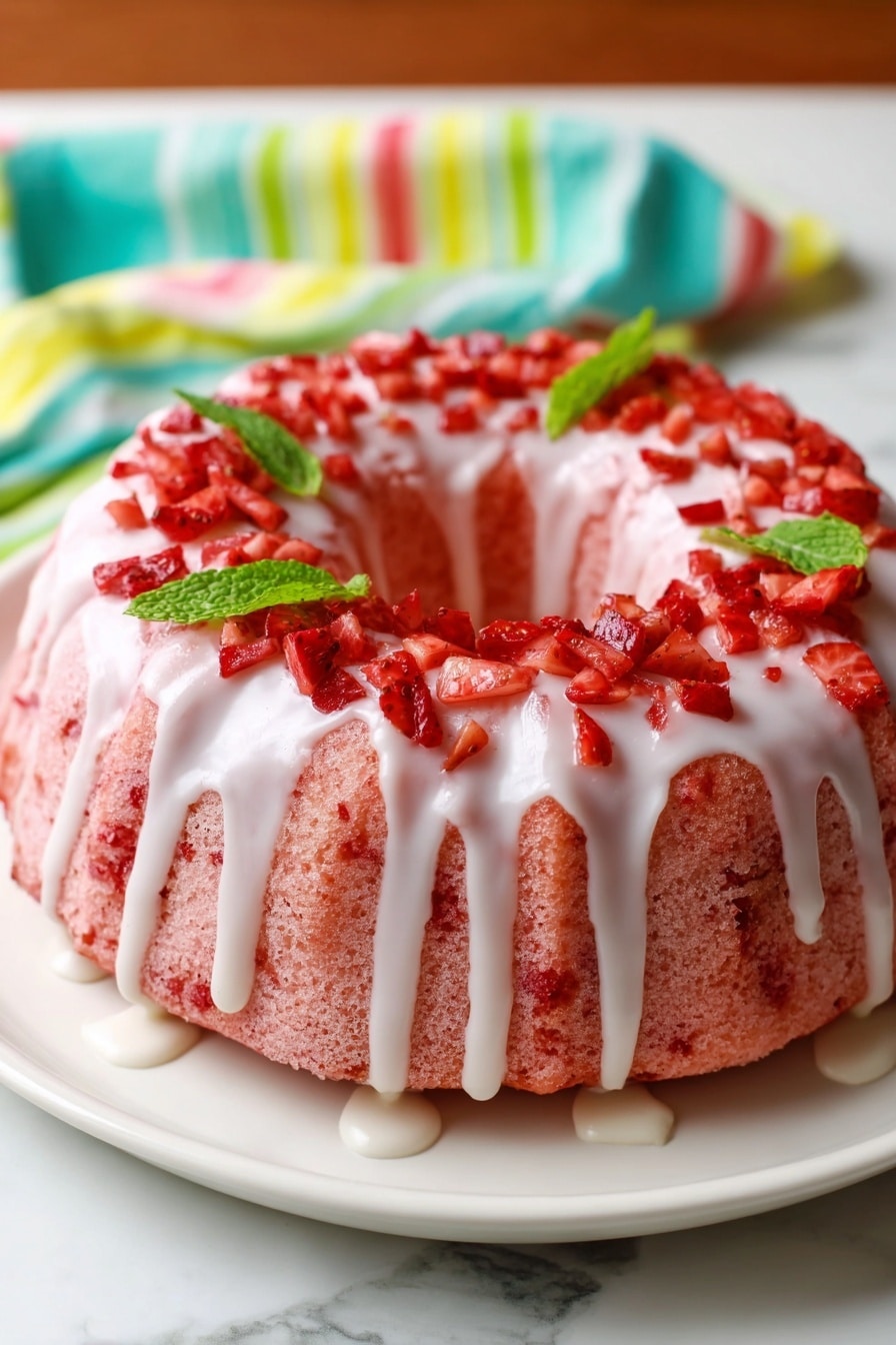 Strawberry Pound Cake with Sweet Glaze Recipe 8 A pink Bundt cake sits on a white plate, with white icing dripping down the sides in streaks. The top of the cake is covered with small, chopped pieces of red strawberries, adding texture and contrast. In the middle hole of the Bundt, a few fresh green mint leaves are placed for decoration. The background shows a soft white marbled surface with a colorful striped cloth nearby. photo taken with an iphone --ar 2:3 --v 7 - Strawberry Pound Cake with Sweet Glaze, strawberry pound cake recipe, easy strawberry pound cake, moist strawberry cake with glaze, summer fruit dessert