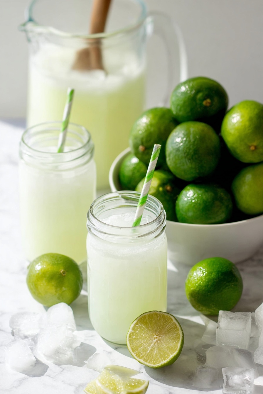 Brazilian Lemonade Recipe 8 The image shows two white glass jars filled with a pale green drink, one with a green and white striped straw. In the background, there is a clear glass pitcher with a wooden spoon inside, also filled with the same pale green liquid. To the right, a white bowl is piled high with whole green limes, and several limes and ice cubes are scattered on the white marbled surface in front. One lime is cut in half, showing its light green inside, with some ice cubes nearby. The lighting is bright and natural, creating a fresh, clean look. photo taken with an iphone --ar 2:3 --v 7 - Brazilian Lemonade, Brazilian Lemonade Recipe, refreshing citrus drinks, lime drinks, tropical beverages