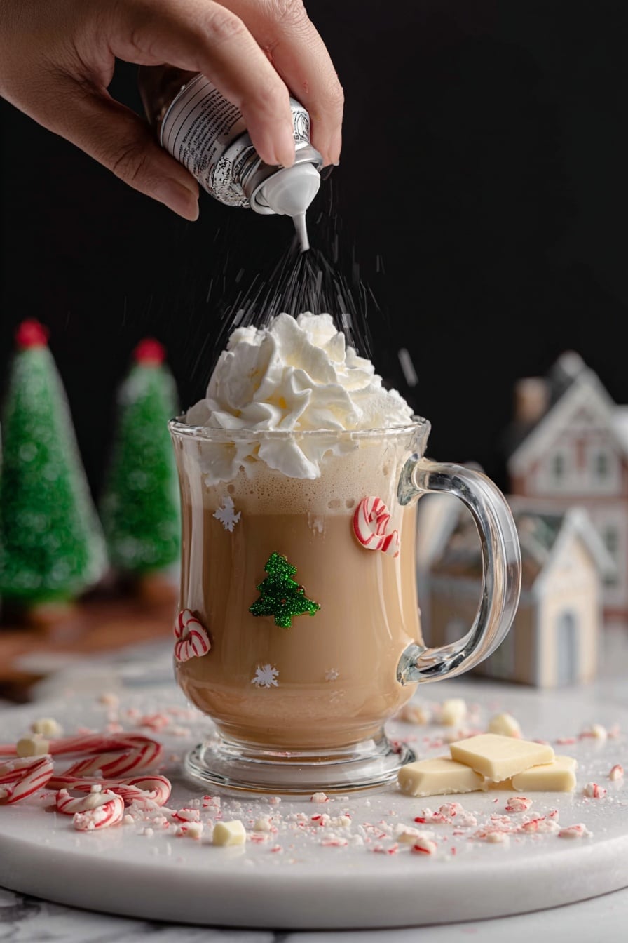 Peppermint White Mocha Recipe 6 A clear glass mug with small Christmas tree and candy cane decorations holds a light brown creamy drink with a thick layer of white whipped cream being added on top by a woman's hand holding a whipped cream can. The mug sits on a white marbled round surface sprinkled with pieces of white chocolate and red-and-white candy cane bits. In the background, there are blurred green and red mini Christmas trees and small white decorative houses, all against a dark backdrop. Photo taken with an iphone --ar 2:3 --v 7 - Peppermint White Mocha, holiday peppermint mocha, festive coffee drinks, peppermint hot chocolate, white chocolate peppermint beverage