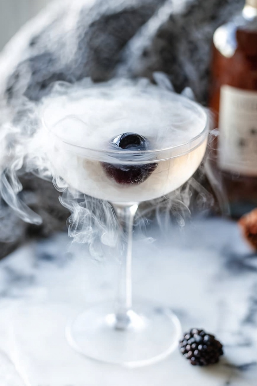 Blackberry Thyme Martini with Dry Ice Recipe 6 A clear cocktail glass with a thin stem sits on a white marbled surface, filled with a swirling cloud of white smoke that spreads over the surface of a clear liquid inside. At the center of the liquid, there is one dark cherry partially submerged. The background features a soft blurred grey and black knit fabric and a bottle with a brown label slightly visible. Near the base of the glass, a dark berry also rests on the white marbled surface. Photo taken with an iphone --ar 2:3 --v 7 - Blackberry Thyme Martini, Blackberry Thyme Cocktail, Dry Ice Martini, Elegant Fruit Cocktails, Impressive Party Drinks