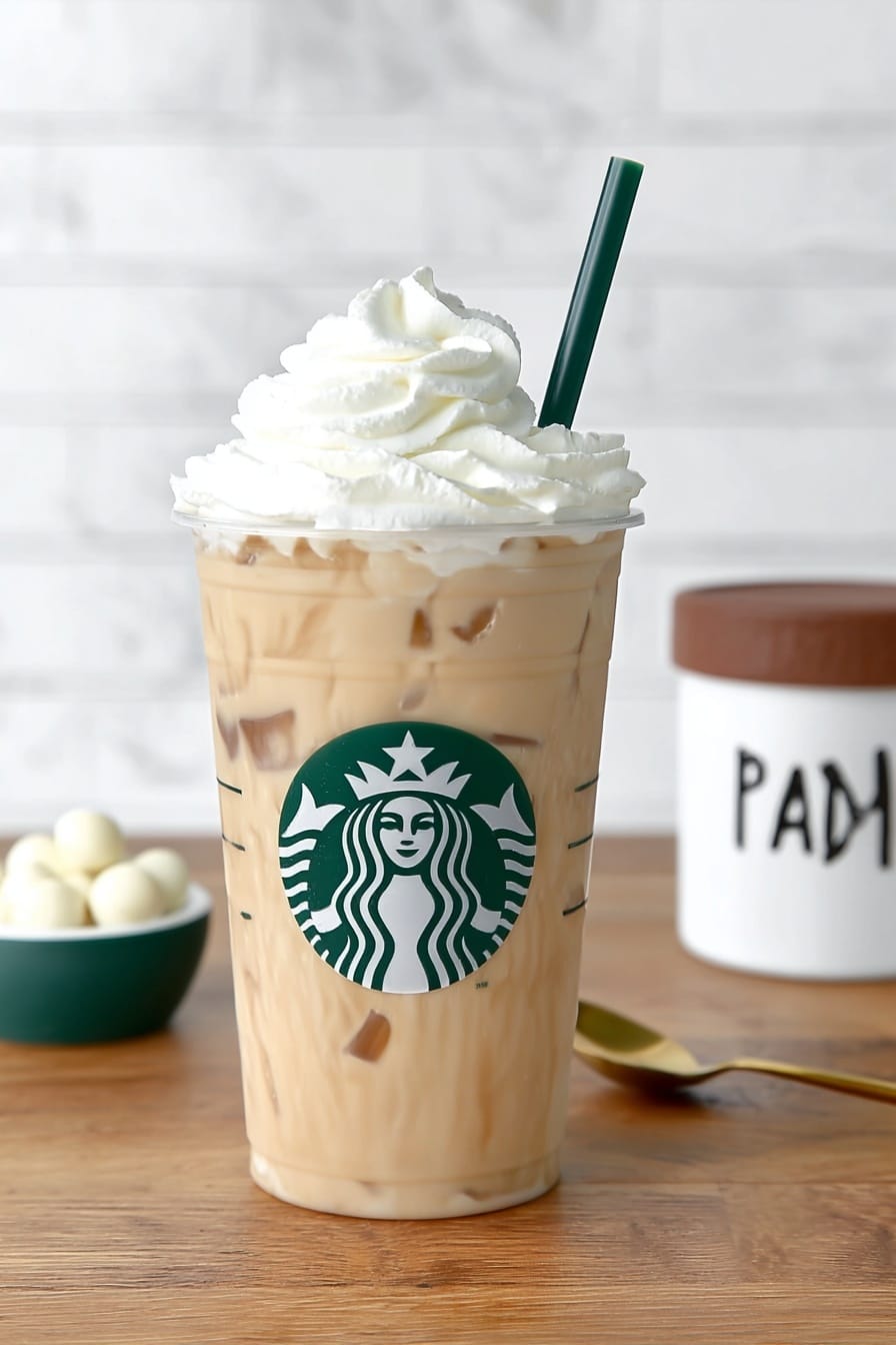 Copycat Iced White Chocolate Mocha Recipe 6 A tall clear plastic cup filled with light brown iced coffee that has small ice cubes visible inside, topped with a large swirl of white whipped cream on top. The cup has a green Starbucks logo in the center and a dark green straw placed on the right side. The cup is set on a wooden surface with a white marbled texture background. To the left, there is a small white bowl with a green outside edge filled with white round candies or chocolate drops. To the right, there is a white container with a brown lid and black letter text, and a gold spoon laying flat near the front. Photo taken with an iphone --ar 2:3 --v 7 - Copycat Iced White Chocolate Mocha, white chocolate mocha, iced coffee drinks, homemade Starbucks drinks, easy coffee recipes