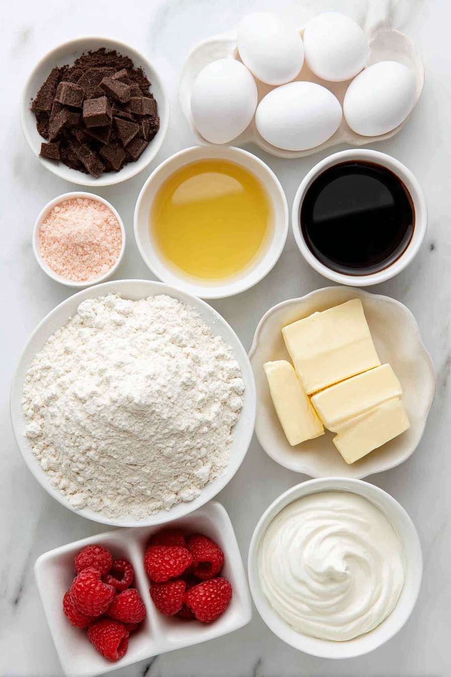 Chocolate Raspberry Cake Recipe 7 Flat lay of a small mound of all-purpose flour on a simple white ceramic plate, a small white bowl filled with unsweetened cocoa powder, a few whole large eggs with clean shells arranged neatly, a small white bowl of white granulated sugar, a small white bowl of smooth buttermilk, a small white bowl of golden cooking oil, a small white bowl of steaming hot water, a small white bowl of pure vanilla extract, a handful of fresh red raspberries loose beside a small white bowl of raspberry puree, a small white bowl of unsalted butter softened and creamy, a small white bowl of sifted powdered sugar, a small white bowl of finely ground freeze-dried raspberries in a soft pink powder form, a small white bowl of glossy semi-sweet chocolate chips, and a small white bowl of heavy cream placed on a clean white marble surface, soft natural light, photo taken with an iPhone, professional food photography style, fresh ingredients, white ceramic bowls, no bottles, no duplicates, no utensils, no packaging --ar 2:3 --v 7 --p m7354615311229779997 - Chocolate Raspberry Cake, decadent chocolate raspberry cake, easy chocolate raspberry dessert, how to make chocolate raspberry cake, raspberry chocolate layer cake