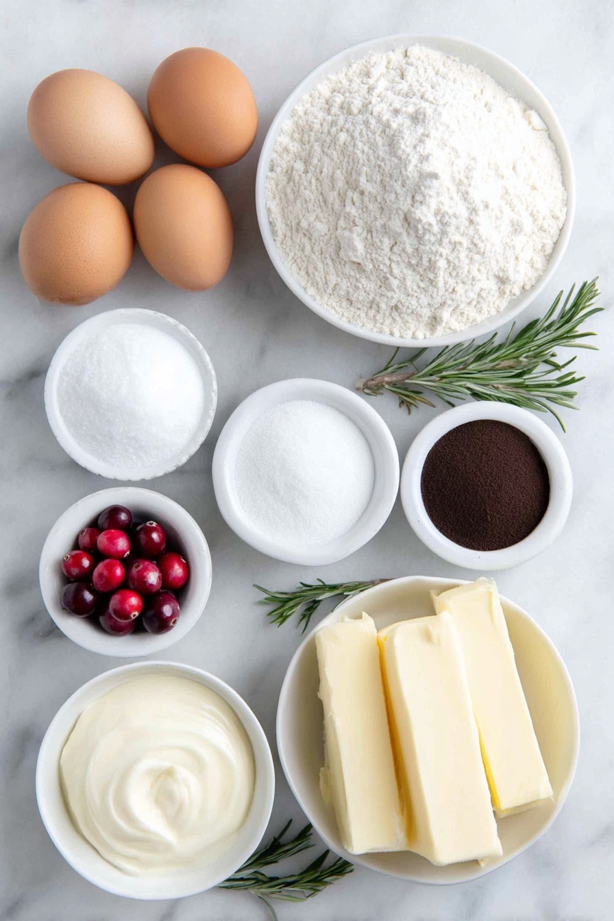 Red Velvet Cake Roll with Ermine Frosting Recipe 7 Flat lay of a small mound of light tan cake flour, a small pile of fine dark cocoa powder, a small heap of white granulated sugar, a small heap of white powdered sugar, four large brown eggs with clean shells, a few fresh red cranberries, a few short sprigs of fresh green rosemary, a small white ceramic bowl filled with smooth golden vegetable oil, a small white ceramic bowl with creamy buttermilk, a small white ceramic bowl holding clear white vinegar, a small white ceramic bowl containing rich whole milk, a small white ceramic bowl with fluffy softened yellow butter, a small white ceramic bowl with smooth vanilla extract, and a pinch of fine white salt crystals, all arranged with perfect symmetry on a clean white marble surface, soft natural light, photo taken with an iPhone, professional food photography style, fresh ingredients, white ceramic bowls, no bottles, no duplicates, no utensils, no packaging --ar 2:3 --v 7 --p m7354615311229779997 - Red Velvet Cake Roll with Ermine Frosting, classic red velvet cake roll, homemade ermine frosting, vintage cake roll recipe, festive dessert ideas