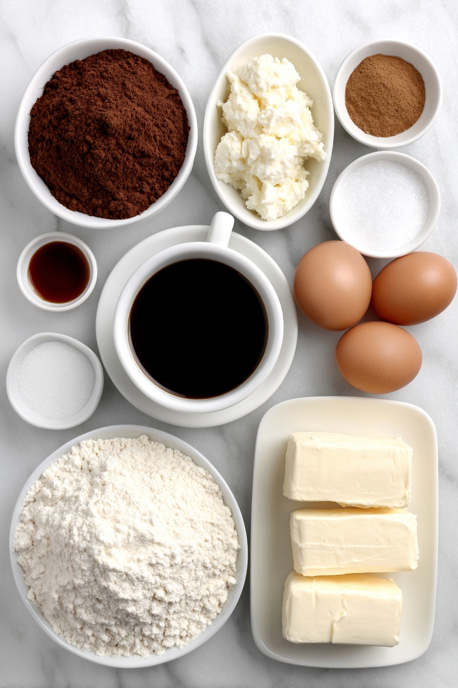 Red Velvet Cake with Cream Cheese Frosting Recipe 7 Flat lay of a small white ceramic bowl of plain hot coffee, a small white ceramic bowl with unsweetened natural cocoa powder, a simple white ceramic plate with a mound of all-purpose flour, a small white ceramic bowl with baking powder, a small white ceramic bowl with baking soda, a small white ceramic bowl of salt, a small white ceramic bowl holding ground cinnamon, a small white ceramic bowl heaped with granulated sugar, a small white ceramic bowl filled with fresh vegetable oil, a simple white ceramic plate with a stick of unsalted butter, two whole uncracked large brown eggs and one whole uncracked large egg yolk separated on a small white ceramic dish, a small white ceramic bowl of buttermilk, a small white ceramic bowl with vanilla extract, a small white ceramic bowl of red gel food coloring, a small white ceramic bowl of distilled white vinegar, a simple white ceramic plate stacked with blocks of cream cheese, a simple white ceramic plate with two sticks of unsalted butter, a small white ceramic bowl of powdered sugar all neatly arranged with perfect symmetry placed on a clean white marble surface, soft natural light, photo taken with an iPhone, professional food photography style, fresh ingredients, white ceramic bowls, no bottles, no duplicates, no utensils, no packaging --ar 2:3 --v 7 --p m7354615311229779997 - Red Velvet Cake with Cream Cheese Frosting, best red velvet cake recipe, homemade red velvet cake, easy red velvet cake, moist red velvet cake