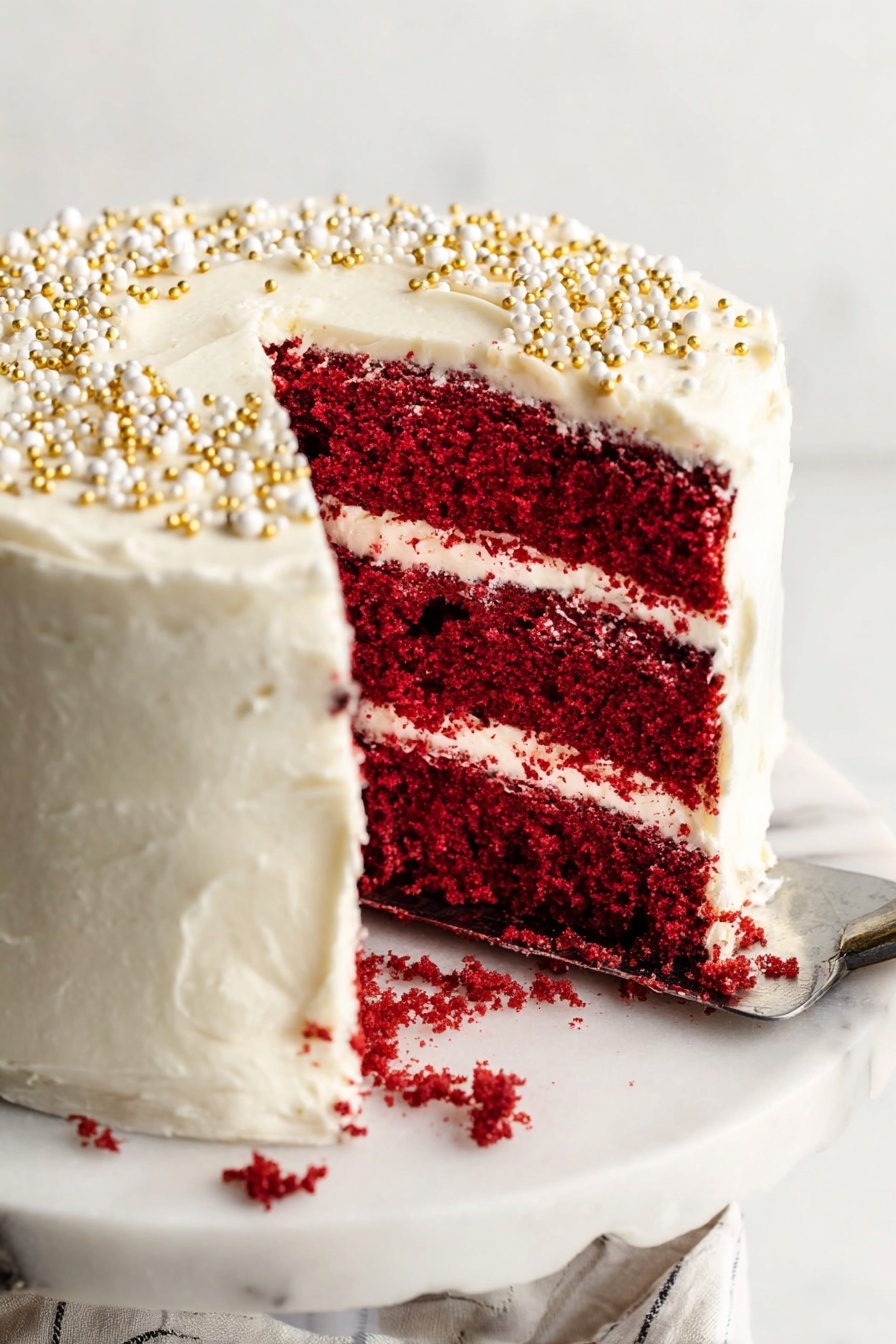 Red Velvet Cake with Cream Cheese Frosting Recipe 8 The image shows a three-layer red velvet cake with white cream cheese frosting between each layer and covering the whole cake. The red cake layers look soft and moist with a crumbly texture, while the white frosting is smooth and thick. The top layer is decorated with small white and gold round sprinkles evenly spread. A slice is cut out and lifted by a silver cake server, revealing the inside details clearly. The cake sits on a white marbled cake stand, and the background also has a white marbled texture. photo taken with an iphone --ar 2:3 --v 7 - Red Velvet Cake with Cream Cheese Frosting, best red velvet cake recipe, homemade red velvet cake, easy red velvet cake, moist red velvet cake