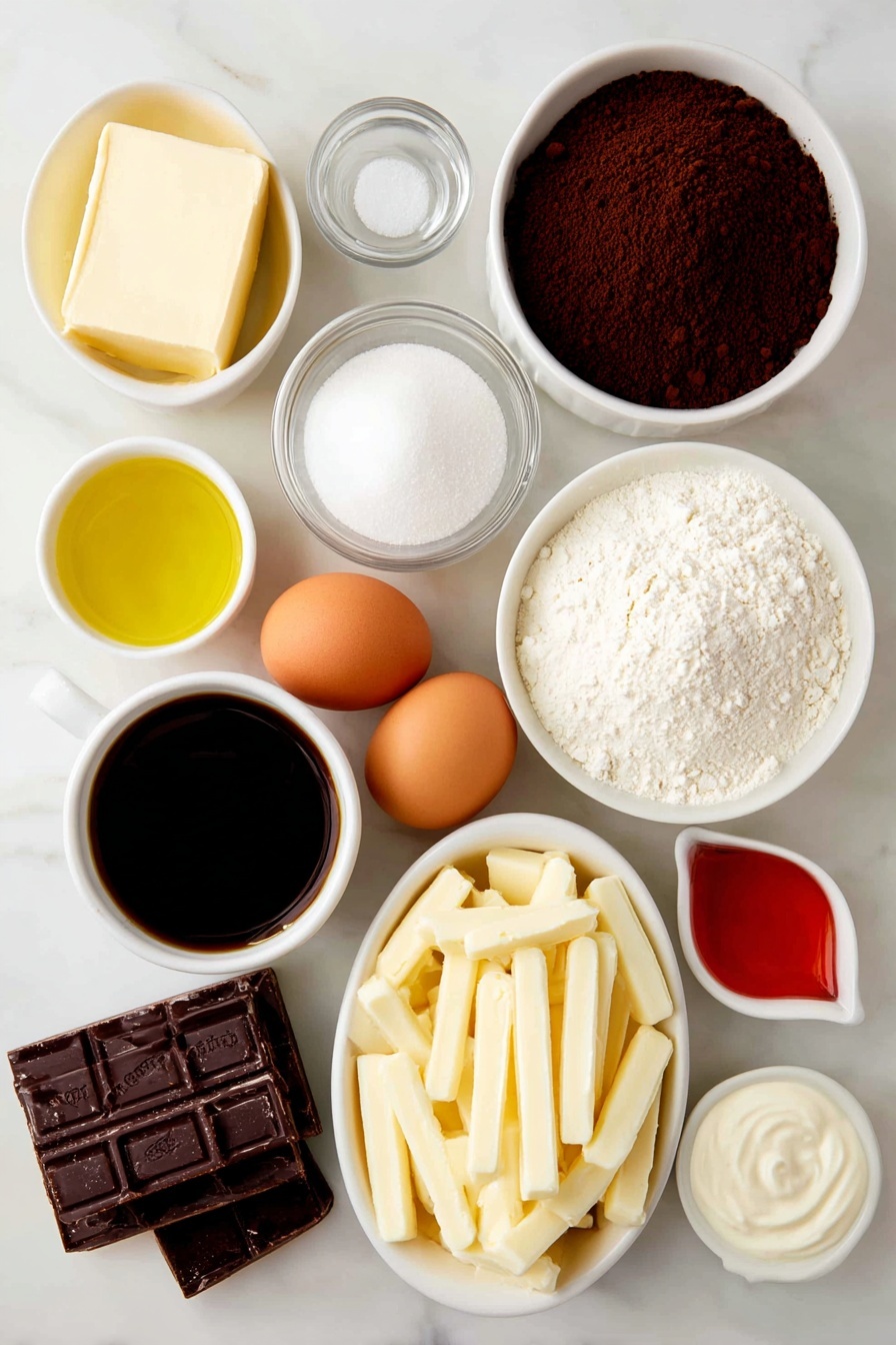 Black Cocoa Chocolate Cake with White Ganache Recipe 7 Flat lay of a small mound of fine black cocoa powder, a small white ceramic bowl filled with steaming dark coffee, a dollop of creamy sour cream in a white bowl, a generous piece of softened pale yellow butter, a neat pile of white granulated sugar, a small glass vial of clear vanilla extract (removed for no bottles rule, replaced with a white bowl of vanilla beans omitted), a small white bowl of golden vegetable oil, three smooth whole brown eggs, a neat heap of white all-purpose flour, a small white bowl of chocolate chips, roughly chopped chunks of white chocolate in a white bowl, a small white bowl filled with heavy cream, a small white bowl with translucent pale corn syrup, and a tiny white dish holding vibrant red gel food coloring gel, all arranged in perfect symmetry and balanced proportions on a clean white marble surface, soft natural light, photo taken with an iPhone, professional food photography style, fresh ingredients, white ceramic bowls, no bottles, no duplicates, no utensils, no packaging --ar 2:3 --v 7 --p m7354615311229779997 - Black Cocoa Chocolate Cake with White Ganache, decadent chocolate cake recipe, black cocoa cake, white ganache dessert, rich chocolate cake tutorial