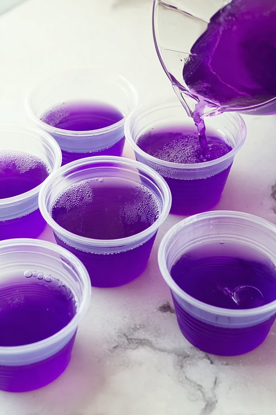 Purple Hooter Jello Shots Recipe 6 The image shows six small clear plastic cups arranged on a white marbled surface, with one cup being filled with bright purple liquid from a pitcher. Each cup has a single layer of smooth, translucent purple liquid with a shiny surface reflecting light. There are a few small bubbles visible on the top layer in some cups. The pitcher pouring the liquid is partially visible in the corner, with the same vibrant purple liquid inside. Photo taken with an iphone --ar 2:3 --v 7 - Purple Hooter Jello Shots, Purple Hooter Jello Shots recipe, fruity party shots, easy alcohol jello shots, colorful boozy shot ideas