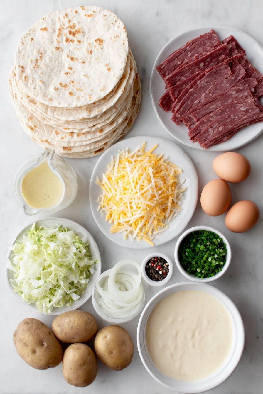 Irish Corned Beef Tacos Recipe 7 Flat lay of twelve soft flour tortillas neatly stacked, three russet potatoes with smooth brown skins, a small mound of shredded Irish cheddar cheese, a fresh crisp pile of chopped green cabbage, a small heap of thinly sliced sweet onion rings, a generous portion of thinly sliced deli corned beef with a rich pink color, a small white ceramic bowl filled with creamy Thousand Island dressing, a small white bowl of vegetable oil with a golden hue, a few whole uncracked brown eggs with clean shells, a tiny pinch of coarse salt crystals and a pinch of whole black peppercorns, and a small bunch of freshly chopped bright green chives, all arranged symmetrically and balanced in proportions on a clean white ceramic plate and bowls, placed on a clean white marble surface, soft natural light, photo taken with an iPhone, professional food photography style, fresh ingredients, white ceramic bowls, no bottles, no duplicates, no utensils, no packaging --ar 2:3 --v 7 --p m7354615311229779997 - Irish Corned Beef Tacos, Irish Corned Beef Tacos recipe, corned beef tacos with cabbage and mashed potatoes, Irish-inspired taco ideas, easy Irish taco dinner