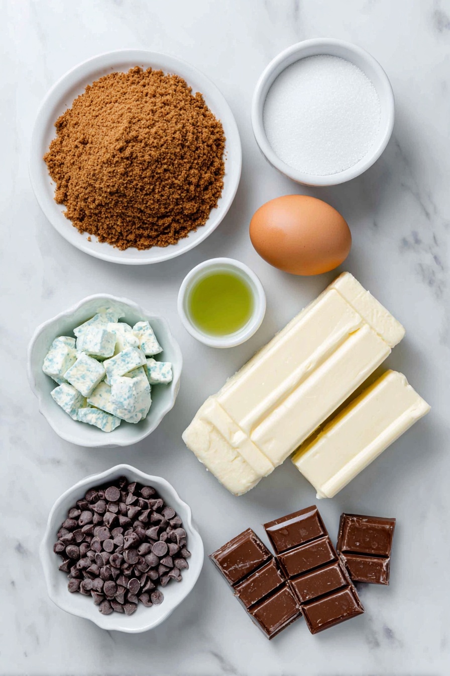 Andes Mint Mini Cheesecakes Recipe 7 Flat lay of a small mound of chocolate graham cracker crumbs, a few tablespoons of granulated sugar in a small white bowl, a slab of melted butter in a small white bowl, two blocks of cream cheese with smooth surfaces, one whole brown egg with a clean shell, a small white bowl containing clear mint extract, a few drops of vibrant green food coloring in a small white bowl, a generous handful of glossy chocolate chips, and several pieces of coarsely chopped Andes mints scattered artfully, all arranged with perfect symmetry on simple white ceramic dishes placed on a clean white marble surface, soft natural light, photo taken with an iPhone, professional food photography style, fresh ingredients, white ceramic bowls, no bottles, no duplicates, no utensils, no packaging --ar 2:3 --v 7 --p m7354615311229779997 - Andes Mint Mini Cheesecakes, mint chocolate cheesecake bites, mini cheesecakes with Andes mints, no-bake mint cheesecakes, holiday cheesecake desserts