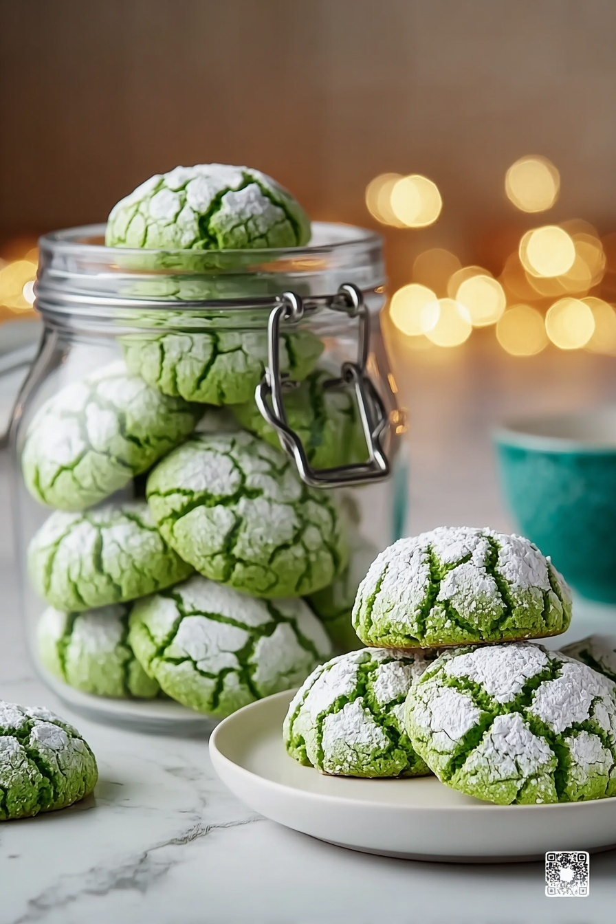 St. Patrick’s Day Green Sugar Cookies Recipe 8 The image shows many small green cookies with a cracked surface covered in white powdered sugar. The cookies have a rounded shape and rough texture, with white sugar dust filling the cracks on top. Most cookies are stacked inside a clear glass jar with a metal clip lid, while some rest on a white plate and a couple lie directly on the white marbled surface nearby. The background is softly blurred with warm light spots. Photo taken with an iphone --ar 2:3 --v 7 - St. Patrick’s Day Green Sugar Cookies, green holiday cookies, easy festive cookie recipe, green icing sugar cookies, Irish-themed treats