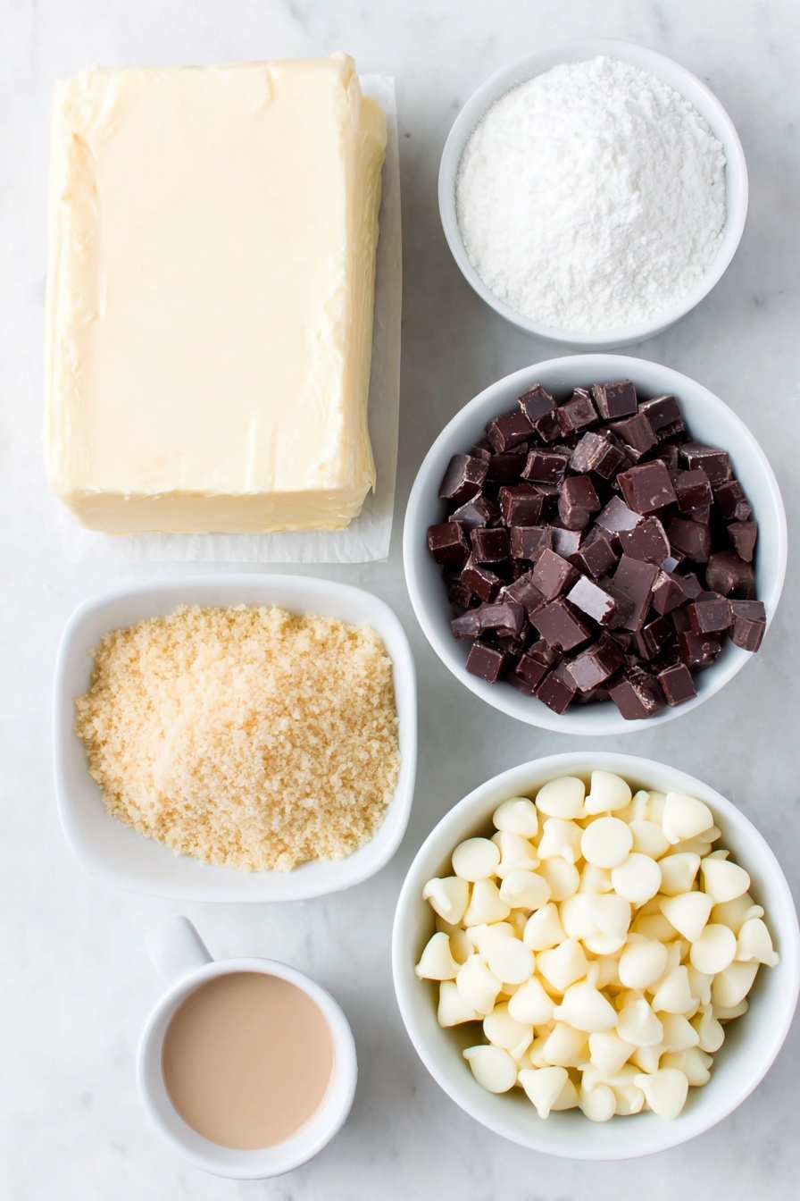 Bailey’s Irish Cream Truffles Recipe 7 Flat lay of a block of fresh cream cheese with smooth surface, a small slab of creamy butter, a small white bowl of pale beige Bailey’s Irish Cream liqueur, a small white bowl filled with fine golden-brown crushed graham cracker crumbs, a neat pile of fluffy white powdered sugar, a simple white ceramic bowl full of glossy dark chocolate chips, another white ceramic bowl holding smooth, shiny white chocolate chips, all arranged symmetrically on a clean white marble surface, soft natural light, photo taken with an iPhone, professional food photography style, fresh ingredients, white ceramic bowls, no bottles, no duplicates, no utensils, no packaging --ar 2:3 --v 7 --p m7354615311229779997 - Bailey’s Irish Cream Truffles, Irish cream truffles, boozy chocolate truffles, easy Bailey’s truffles, homemade Irish cream treats