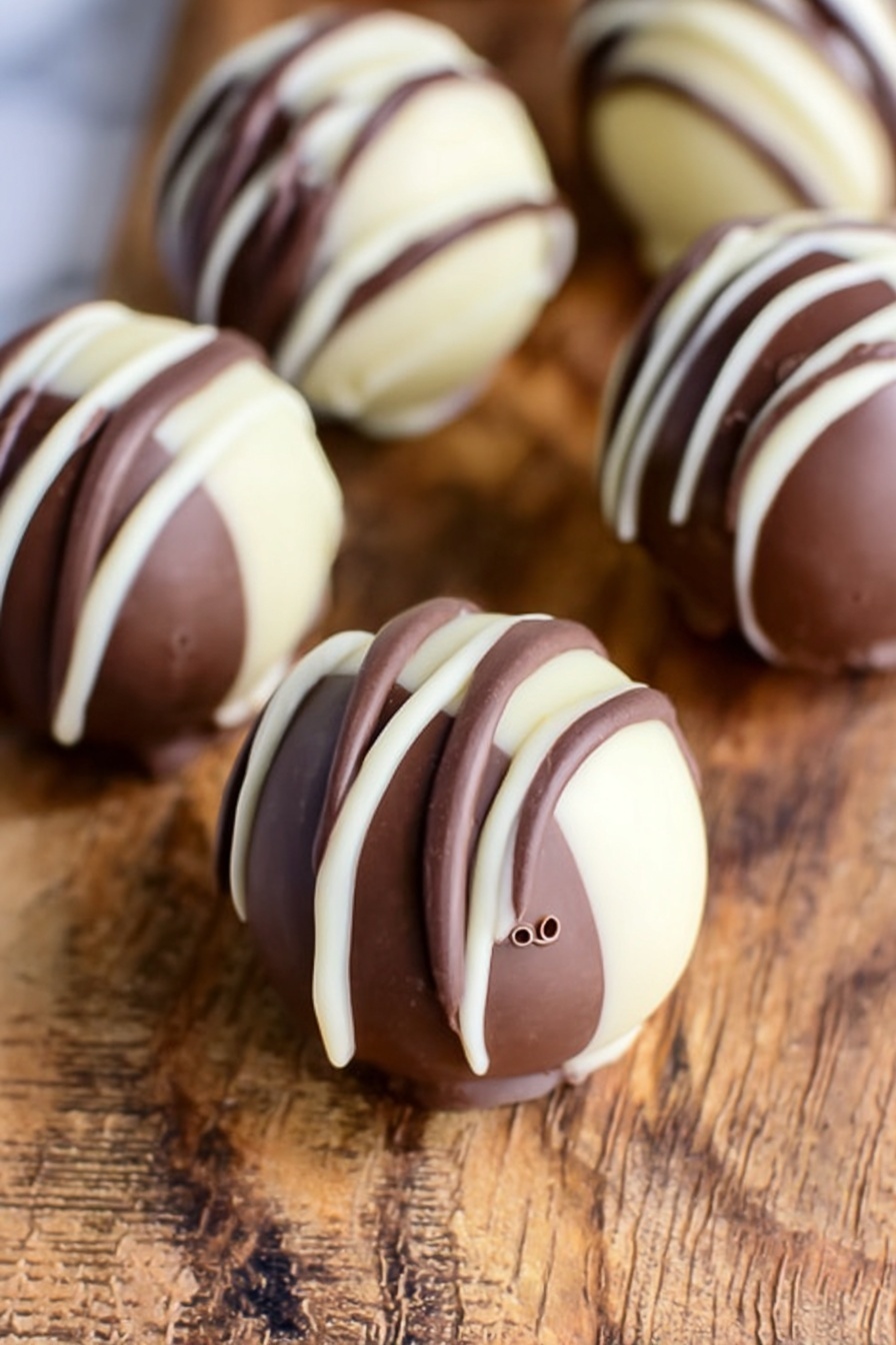 Bailey’s Irish Cream Truffles Recipe 6 Round chocolate balls lie on a wooden surface with a rough texture. Each chocolate ball has two layers: a smooth outer layer of either dark brown or light cream white chocolate, topped with three thin stripes of the opposite color chocolate drizzled vertically. The dark chocolate balls have white stripes, and the white chocolate balls have dark stripes. The balls have a shiny, smooth texture with small air bubbles scattered on the surface. The background is changed to a white marbled texture. photo taken with an iphone --ar 2:3 --v 7 - Bailey’s Irish Cream Truffles, Irish cream truffles, boozy chocolate truffles, easy Bailey’s truffles, homemade Irish cream treats