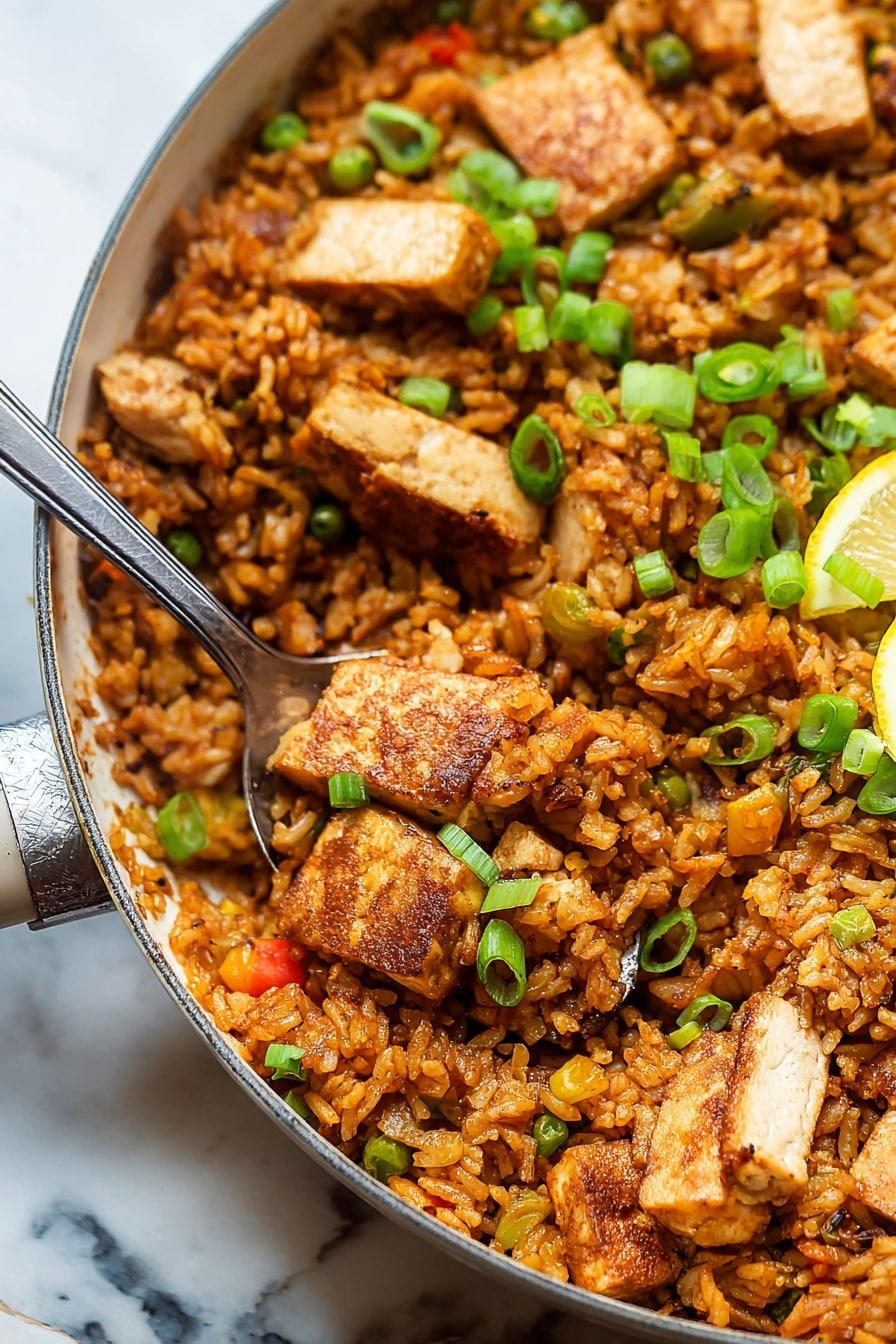 This image shows a close-up of a white round pan filled with cooked reddish-brown rice mixed with small pieces of vegetables and browned slices of tofu on top. The tofu pieces are light brown with a slightly crispy texture around the edges. Bright green chopped spring onions are scattered on the rice and tofu, adding fresh color. A silver spoon is scooping up some of the rice in the center. There is also a lemon wedge visible on the right side. The pan sits on a white marbled surface. photo taken with an iphone --ar 2:3 --v 7 - Cajun Chicken and Rice, Cajun chicken and rice recipe, spicy Cajun chicken meal, flavorful chicken and rice dish, easy Cajun chicken dinner