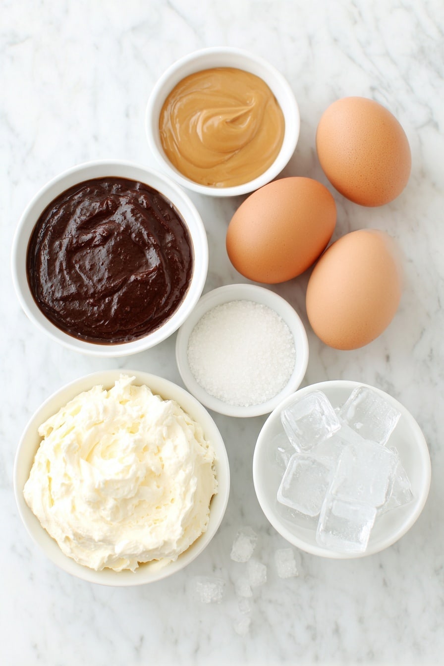 Iced Caramel Latte Recipe 7 Flat lay of a small white ceramic bowl filled with dark strong coffee, a small white bowl with golden caramel sauce, a few grains of granulated white sugar scattered beside the bowls, a small white bowl of creamy 2% milk, a small white bowl with thick heavy cream, a neat pile of clear ice cubes, and two whole uncracked brown eggs arranged symmetrically around the bowls, placed on a clean white marble surface, soft natural light, photo taken with an iPhone, professional food photography style, fresh ingredients, white ceramic bowls, no bottles, no duplicates, no utensils, no packaging --ar 2:3 --v 7 --p m7354615311229779997 - Iced Caramel Latte, caramel latte recipe, iced coffee drinks, easy caramel coffee, how to make iced caramel latte