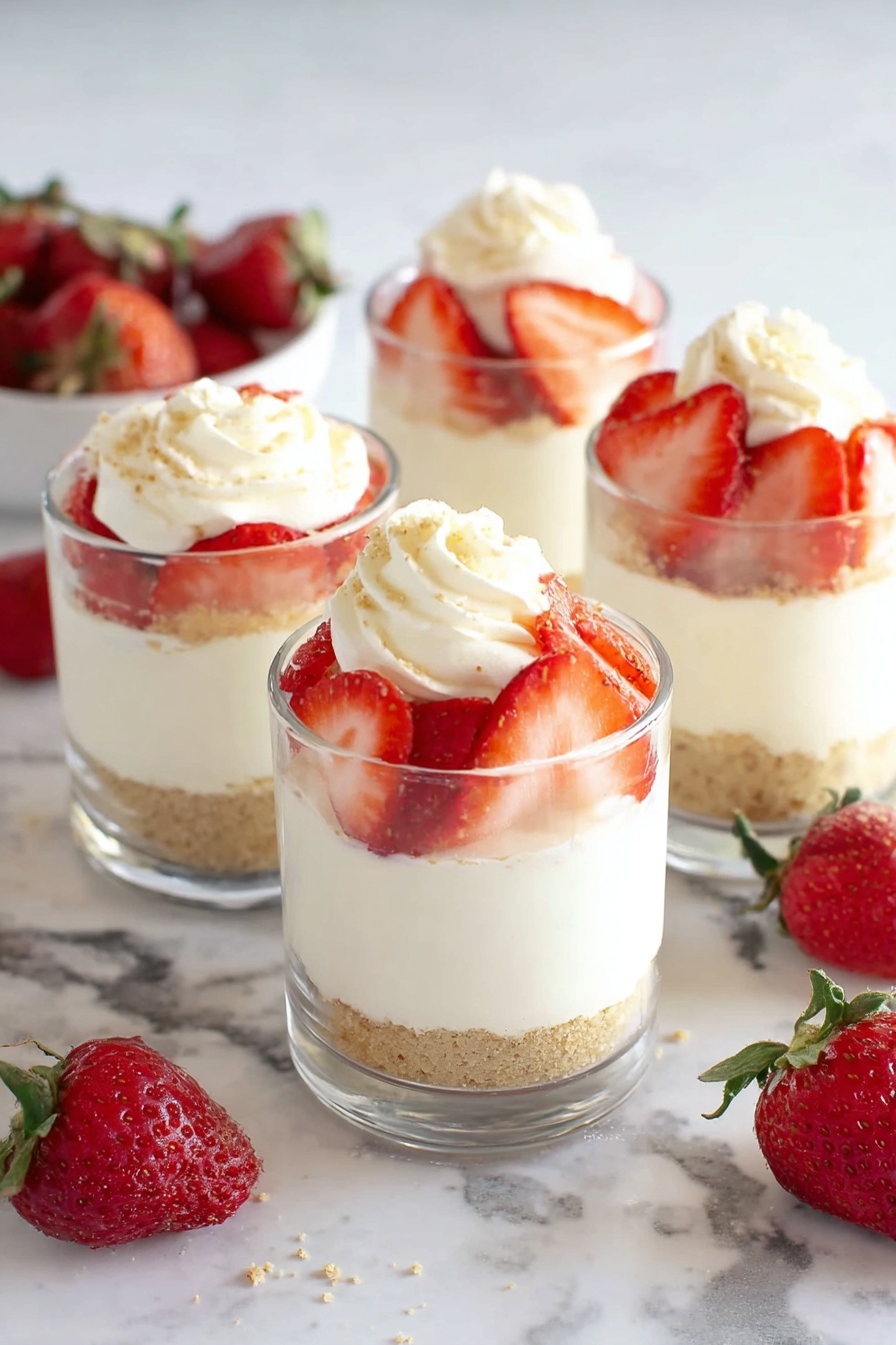 No-Bake Cheesecake Cups Recipe 8 The image shows four clear glass cups filled with three layers of dessert. The bottom layer is light brown and crumbly, the middle layer is thick and white, creamy in texture, and the top layer is decorated with bright red sliced strawberries arranged in a circular pattern on some cups and two strawberry slices on others, along with a swirl of white cream. The cups are placed on a white marbled surface with whole red strawberries scattered around them. Photo taken with an iphone --ar 2:3 --v 7 - No-Bake Cheesecake Cups, no-bake dessert, easy cheesecake recipe, creamy cheesecake cups, simple dessert ideas