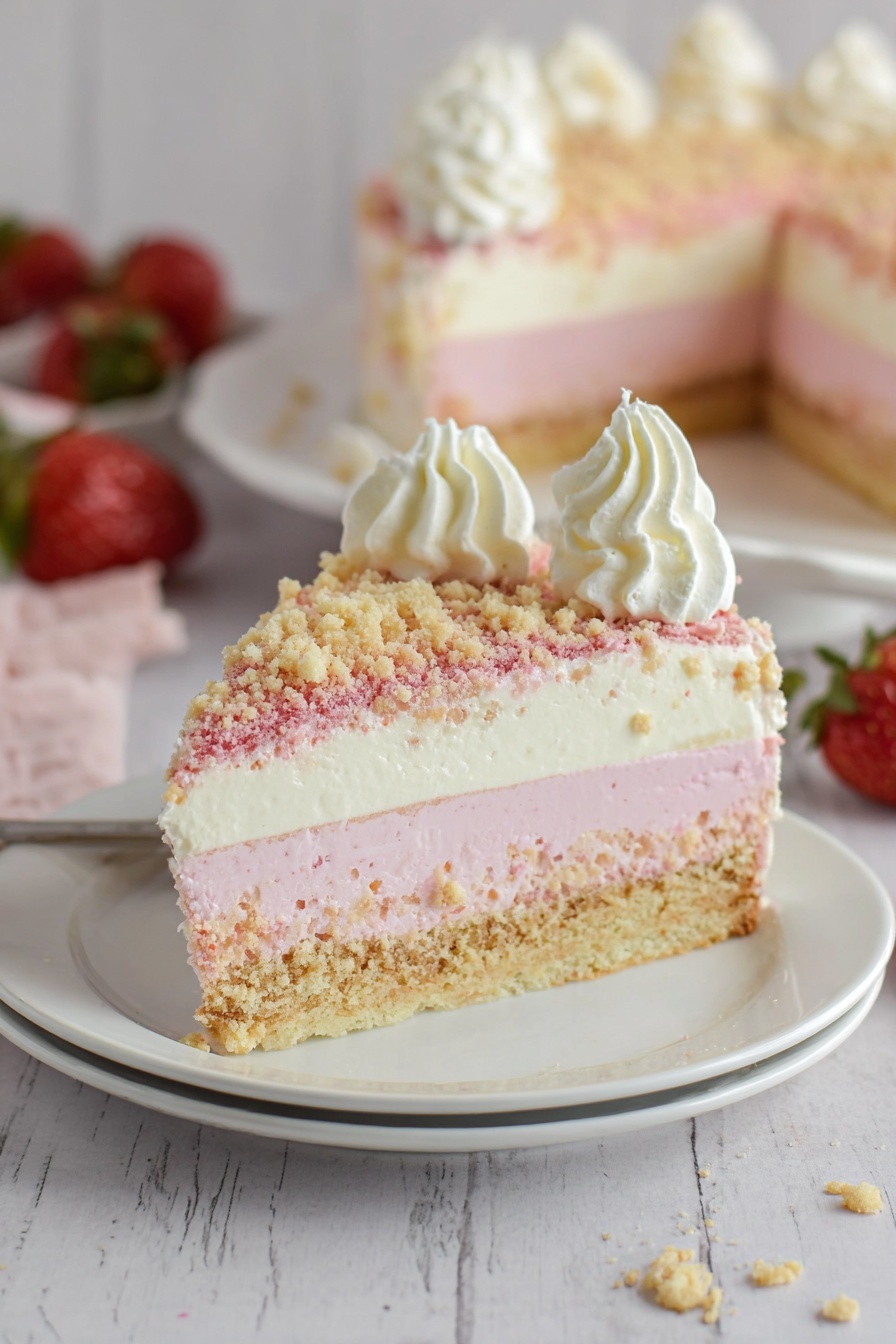 Strawberry Crunch Cheesecake Recipe 6 A slice of layered cake sits on a white plate on a white marbled surface. The cake has four layers: a bottom light golden crumbly crust, a pale pink smooth layer above it, a thick creamy white layer in the middle, and a top pink crumbly layer sprinkled with crumbs. On top of the cake slice are two white whipped cream swirls. In the background, there is a white plate with more slices of the same cake and some fresh strawberries nearby. The scene is softly lit and focused on the cake slice in front. photo taken with an iphone --ar 2:3 --v 7 - Strawberry Crunch Cheesecake, strawberry cheesecake with crunch, no-bake strawberry cheesecake, easy strawberry dessert, fruity cheesecake recipe