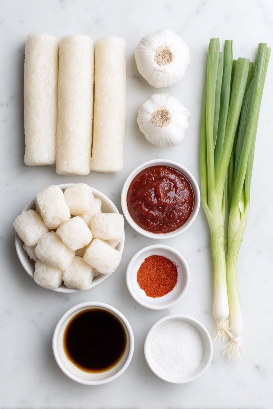 Spicy Korean Tteokbokki Recipe 7 Flat lay of fresh, cylindrical Korean rice cakes arranged neatly beside bite-sized pieces of light beige Korean fish cakes, two whole uncracked white garlic bulbs, a small bunch of vibrant green onion stalks with fresh green tops, a small white ceramic bowl filled with glossy deep red Korean chili paste (Gochujang), another small white bowl containing bright red Korean chili powder (Gochugaru), a small white bowl of dark amber honey rice syrup, a small white bowl with soy sauce, and a simple white ceramic bowl of fine granulated sugar, all placed on a clean white marble surface, soft natural light, photo taken with an iPhone, professional food photography style, fresh ingredients, white ceramic bowls, no bottles, no duplicates, no utensils, no packaging --ar 2:3 --v 7 --p m7354615311229779997 - Spicy Korean Tteokbokki, Korean Tteokbokki recipe, spicy rice cakes Korea, Korean street food, easy Tteokbokki recipe