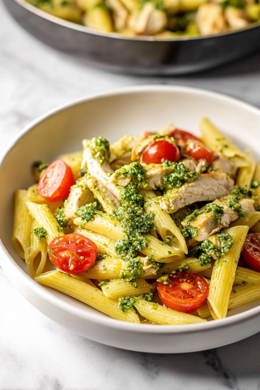 Creamy Chicken Pesto Pasta Recipe 6 The dish shows a bowl with three main layers: the bottom layer is pale yellow penne pasta mixed lightly with a green pesto sauce, giving it a smooth texture; the middle layer has light brown cooked chicken pieces spread evenly on the pasta, topped with patches of vibrant green pesto sauce; the top layer is garnished with bright red halved cherry tomatoes placed around the pasta and chicken. The bowl is white and sits on a white marbled surface, with a blurred pan of the same dish in the background. Photo taken with an iphone --ar 2:3 --v 7 - Creamy Chicken Pesto Pasta, easy chicken pesto pasta, quick weeknight pasta, creamy pesto pasta recipe, comforting chicken pasta