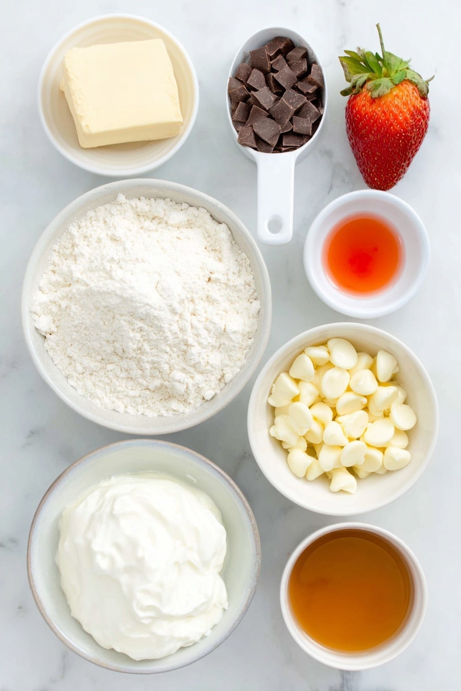 Strawberries and Cream Protein Pancakes Recipe 7 Flat lay of a small mound of fine oat flour on a simple white ceramic plate, a scoop of pale off-white whey protein powder in a small white bowl, a white ceramic bowl holding smooth white cornstarch powder, a tiny heap of baking powder on a white ceramic teaspoon-shaped dish, a small white ceramic bowl filled with glossy liquid egg whites, a dollop of thick fat-free Greek yogurt on a white ceramic dish, a small white bowl with clear water, three drops of red food coloring in a white ceramic dip bowl, a few white chocolate chips scattered beside a single ripe red strawberry with green leaves intact, all arranged symmetrically and balanced, placed on a clean white marble surface, soft natural light, photo taken with an iPhone, professional food photography style, fresh ingredients, white ceramic bowls, no bottles, no duplicates, no utensils, no packaging --ar 2:3 --v 7 --p m7354615311229779997 - Strawberries and Cream Protein Pancakes, healthy pancake recipes, high-protein breakfast ideas, strawberry breakfast ideas, easy protein pancakes
