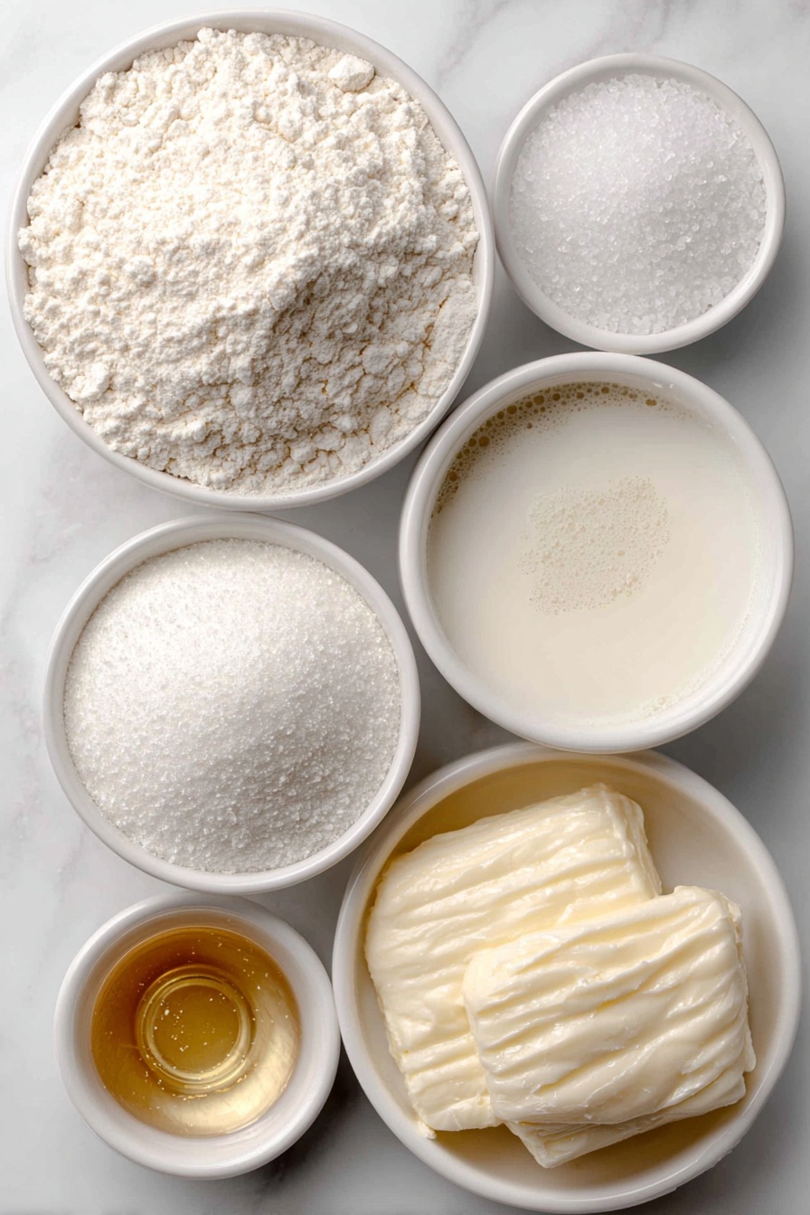 Vegan Fluffy Pancakes Recipe 7 Flat lay of a small mound of all-purpose flour, a small white bowl of baking powder powder, a small white bowl with some salt crystals, a small white bowl filled with creamy non-dairy milk, a small white bowl with melted golden vegan butter, a small white bowl containing clear to pale vanilla extract, placed on a clean white marble surface, soft natural light, photo taken with an iPhone, professional food photography style, fresh ingredients, white ceramic bowls, no bottles, no duplicates, no utensils, no packaging --ar 2:3 --v 7 --p m7354615311229779997 - Vegan Fluffy Pancakes, vegan pancake recipe, plant-based breakfast, gluten-free vegan pancakes, fluffy vegan breakfast