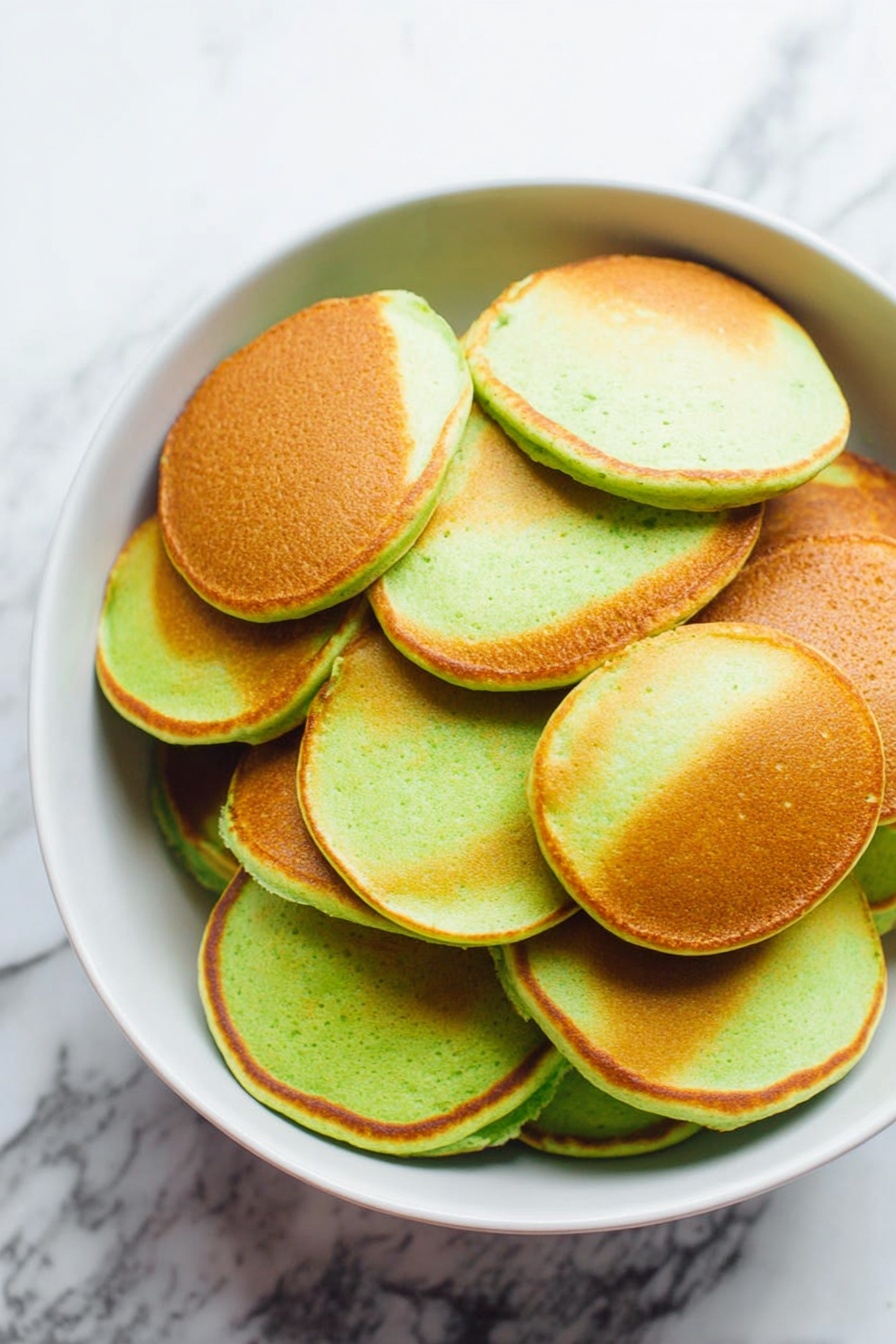 Banana Spinach Blender Pancakes Recipe 6 A white bowl filled with a pile of small round pancakes that are light brown on top with bright green edges, showing a soft and fluffy texture. The pancakes are stacked loosely, with some overlapping each other, placed on a white marbled surface. photo taken with an iphone --ar 2:3 --v 7 - Banana Spinach Blender Pancakes, healthy green pancake recipe, quick nutritious breakfast, easy spinach banana pancakes, fluffy green pancake recipe
