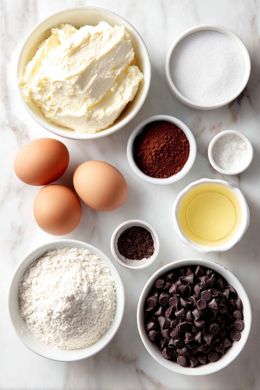 Cottage Cheese Brownies with Chocolate Chips Recipe 7 Flat lay of a small white ceramic bowl of creamy cottage cheese, two large whole brown eggs with clean shells, a small white ceramic bowl filled with granulated sugar, a small white ceramic bowl of golden melted butter, a small white ceramic bowl with rich dark dutch-processed cocoa powder, a small white ceramic bowl holding all-purpose flour, a small white ceramic bowl containing fine sea salt, a small white ceramic bowl with baking soda powder, and a small white ceramic bowl filled with glossy semi-sweet chocolate chips arranged in perfect symmetry, all placed on a clean white marble surface, soft natural light, photo taken with an iPhone, professional food photography style, fresh ingredients, white ceramic bowls, no bottles, no duplicates, no utensils, no packaging --ar 2:3 --v 7 --p m7354615311229779997 - Cottage Cheese Brownies with Chocolate Chips, healthy chocolate chip brownies, moist fudge brownies, creamy cottage cheese dessert, easy brownie recipes