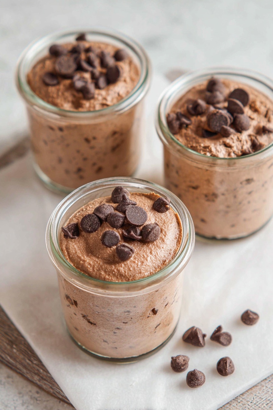 Three clear glass jars on a white marbled texture surface with a layer of white paper underneath. Each jar is filled with a thick, light brown chocolate mousse-like mixture that has a creamy and slightly textured look. The top layer of each jar is decorated with several dark brown chocolate chips scattered unevenly. Some chocolate chips also lie on the white paper by the jars. The arrangement is close-up and focused on the jars, showing the smooth and rich texture of the mousse inside. photo taken with an iphone --ar 2:3 --v 7 - Cottage Cheese Chocolate Mousse, healthy chocolate mousse, quick dessert recipes, protein-rich chocolate mousse, easy healthy desserts